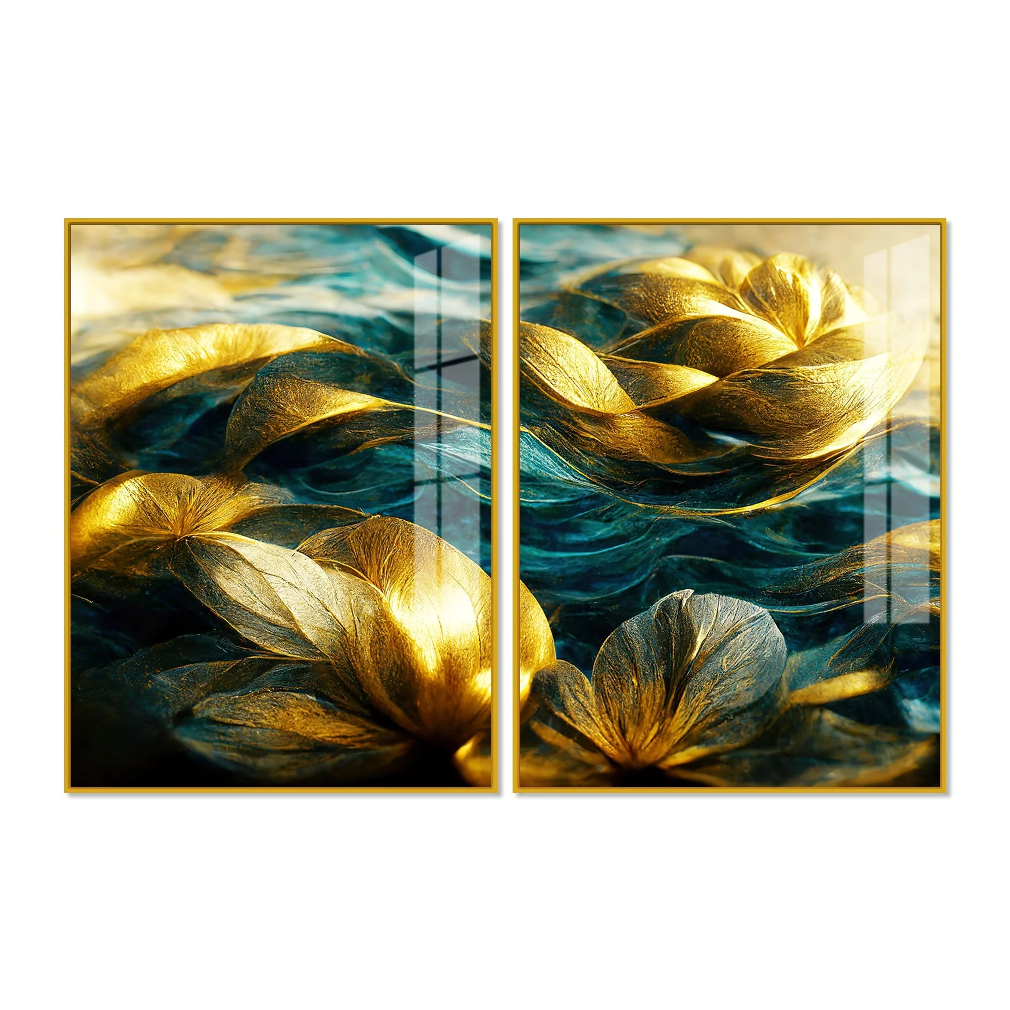 Golden Dreamy Flower Acrylic Floating Wall Painting Set of 2 - Image 5