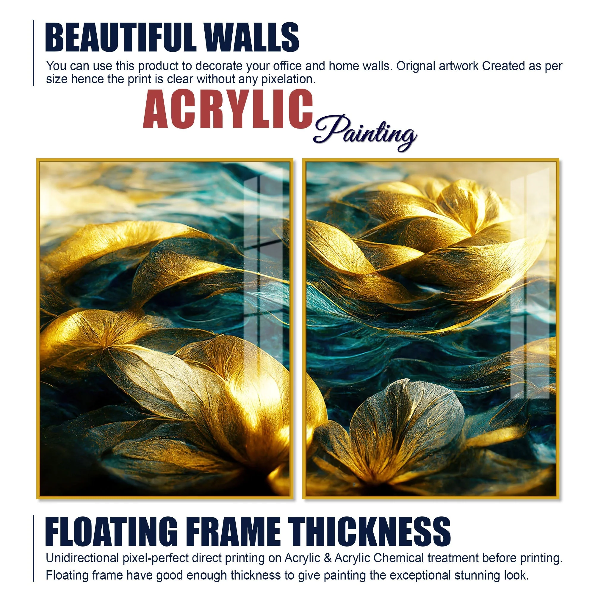 Golden Dreamy Flower Acrylic Floating Wall Painting Set of 2 - Image 6