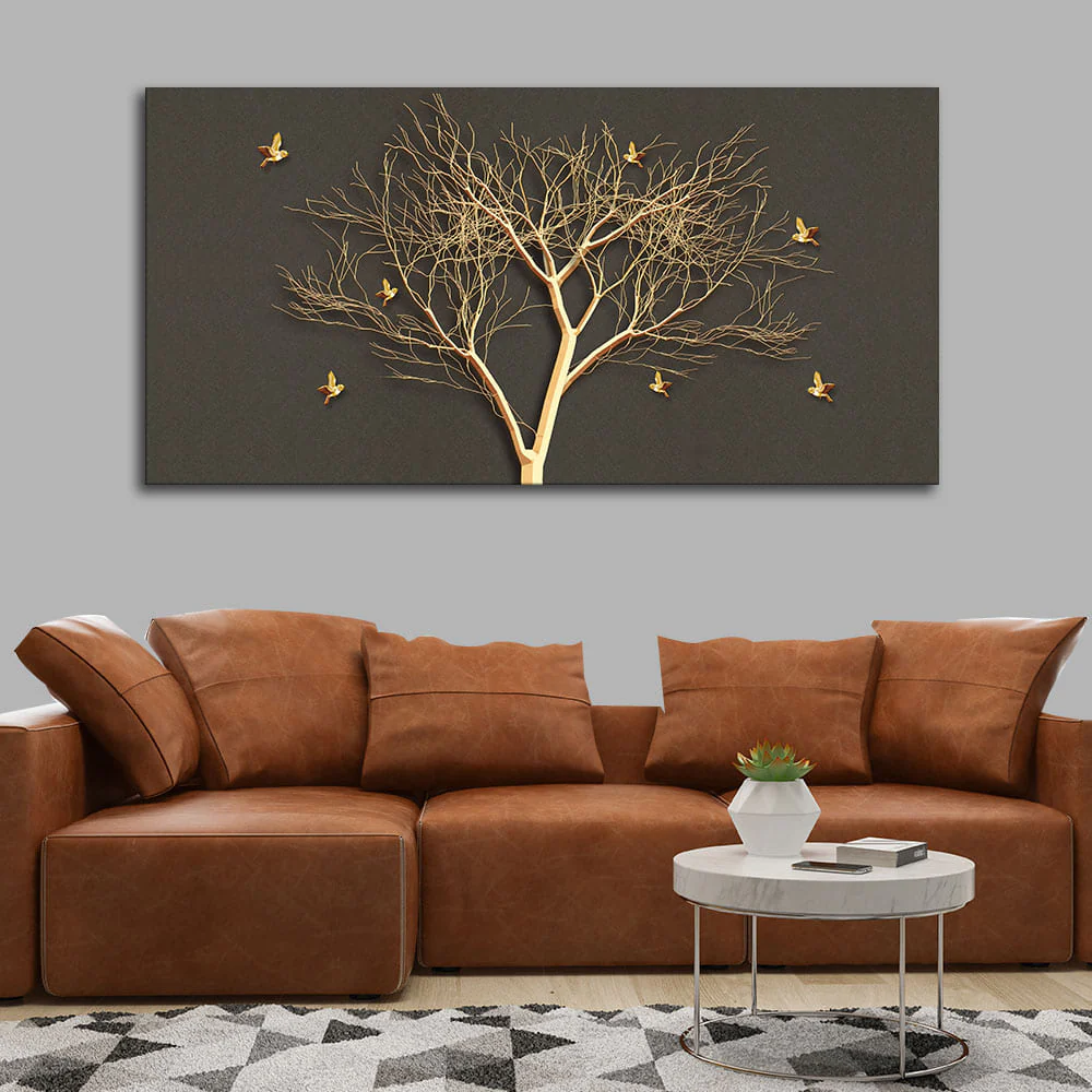 Golden Embossed Tree With Golden Birds Premium Canvas Wall Painting - Image 2
