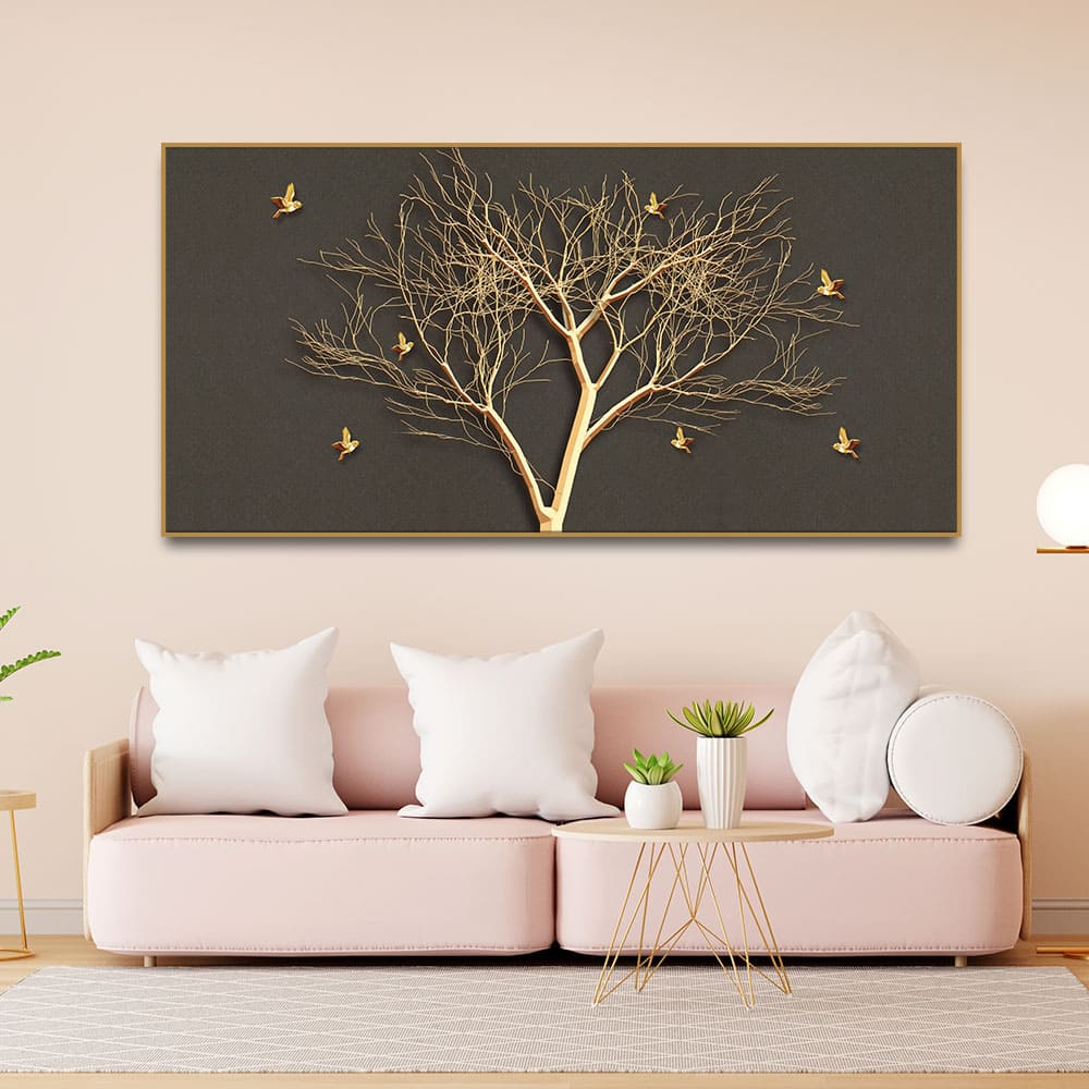 Golden Embossed Tree With Golden Birds Premium Canvas Wall Painting - Image 3