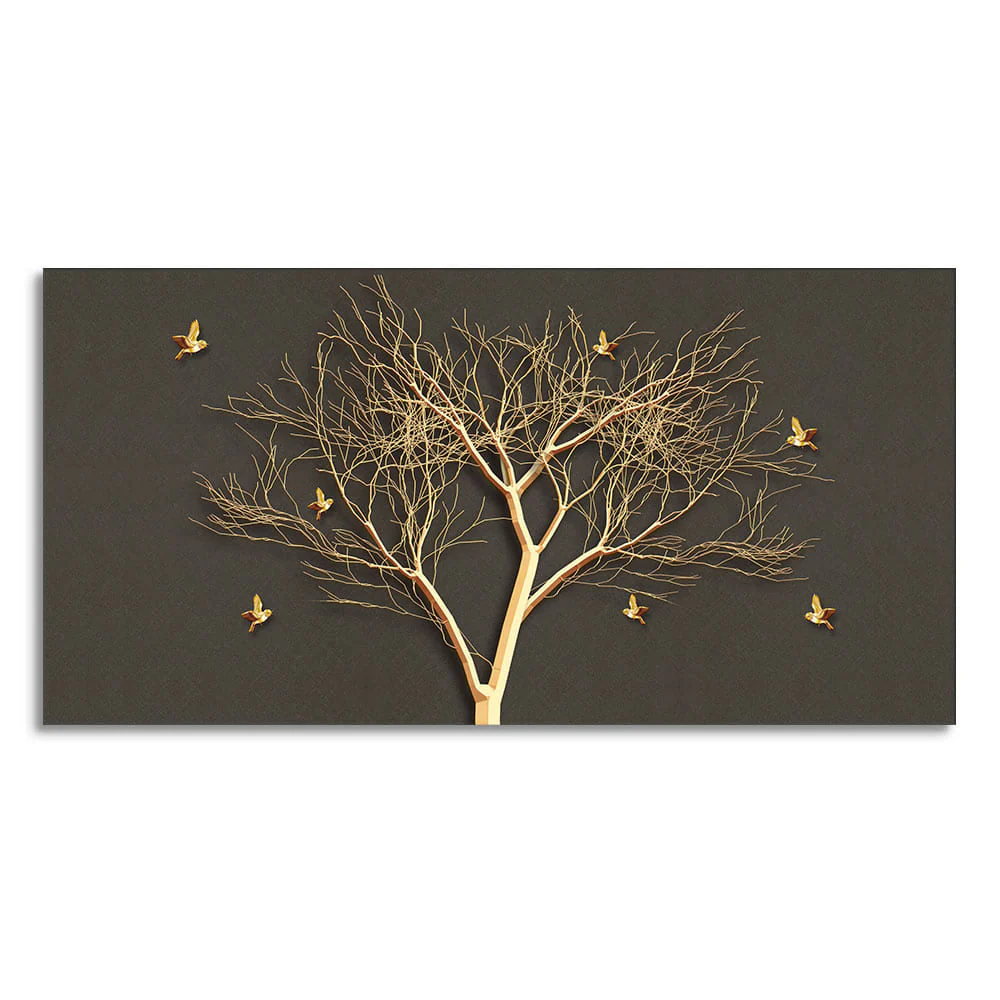 Golden Embossed Tree With Golden Birds Premium Canvas Wall Painting - Image 4