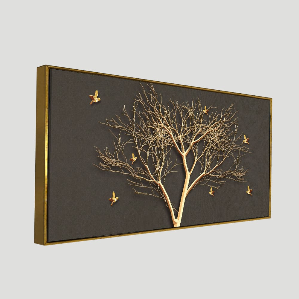 Golden Embossed Tree With Golden Birds Premium Canvas Wall Painting - Image 5