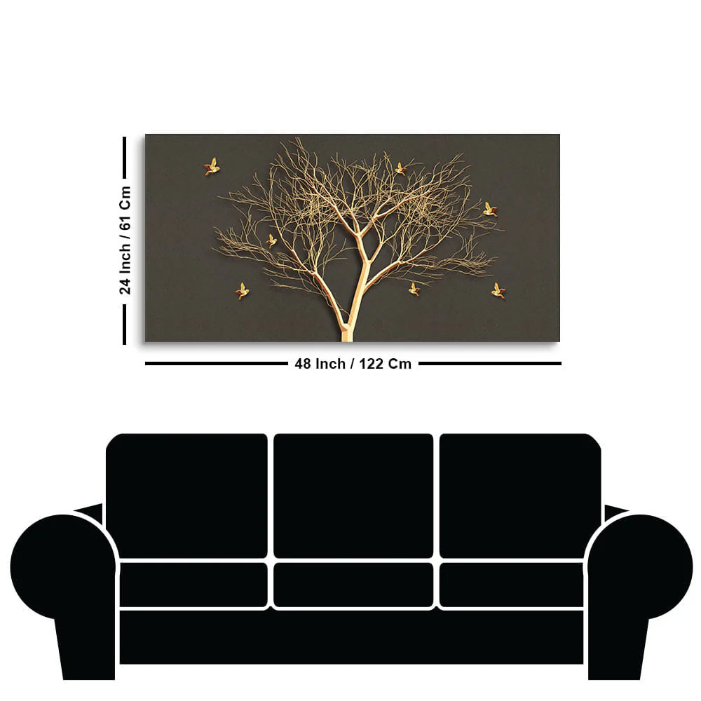 Golden Embossed Tree With Golden Birds Premium Canvas Wall Painting - Image 7