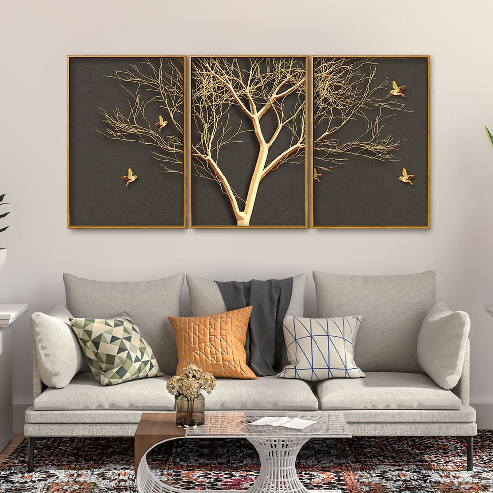Golden Embossed Tree with Golden Birds Premium Floating Canvas Wall Painting Set of Three - Image 2
