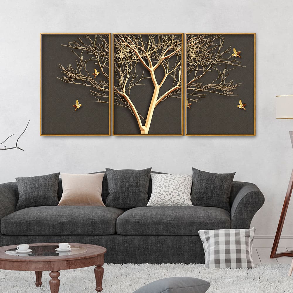 Golden Embossed Tree with Golden Birds Premium Floating Canvas Wall Painting Set of Three - Image 3