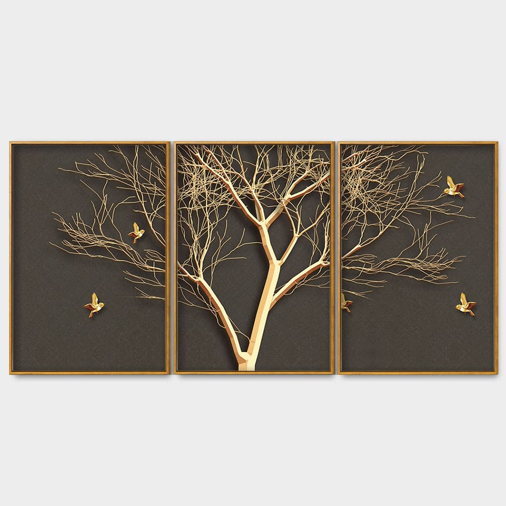 Golden Embossed Tree with Golden Birds Premium Floating Canvas Wall Painting Set of Three - Image 4