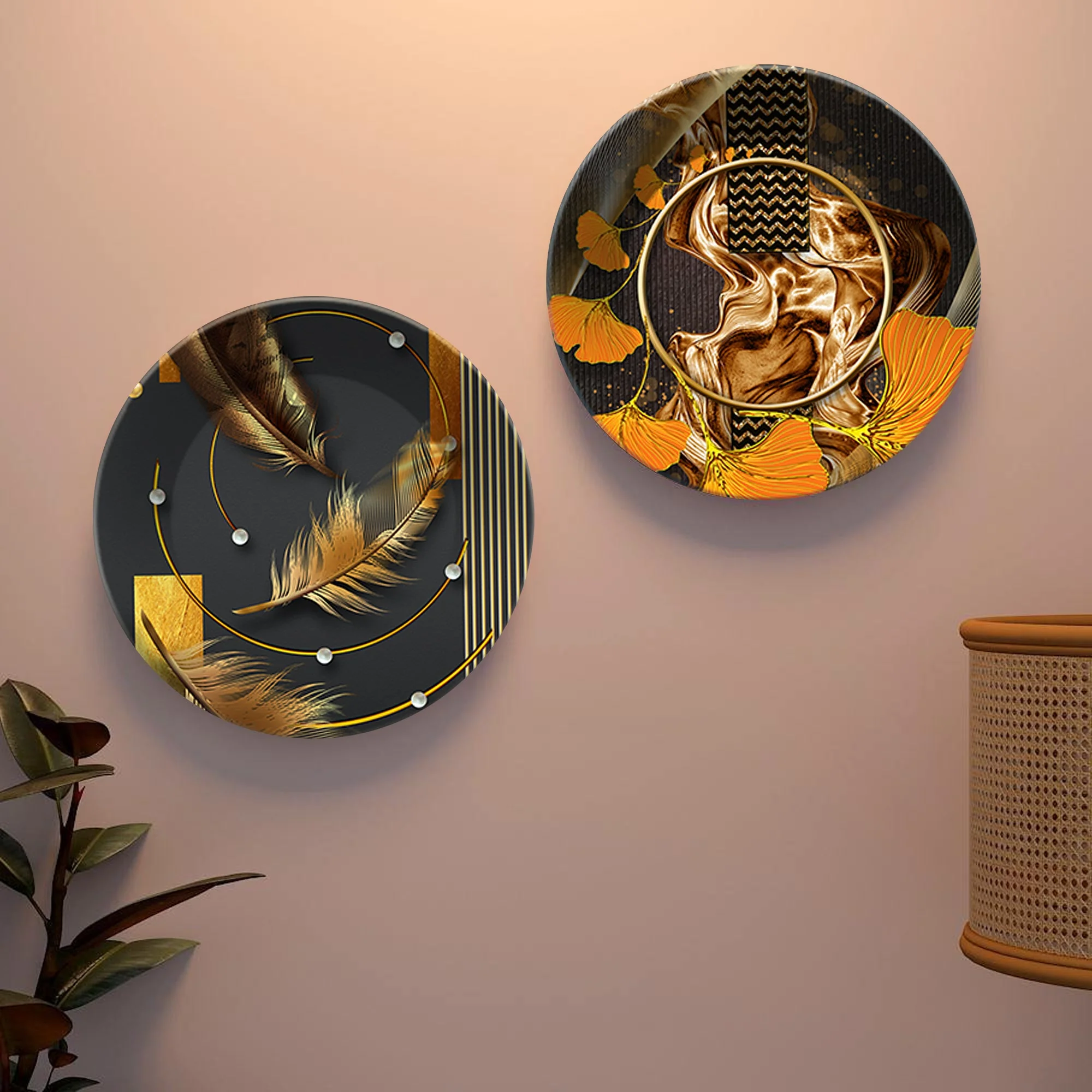 Golden Feather Ceramic Wall Hanging Plates Set of Two - Image 5