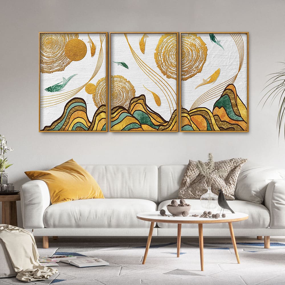 Golden Fish Abstract Premium Floating Canvas Wall Painting Set of Three - Image 2