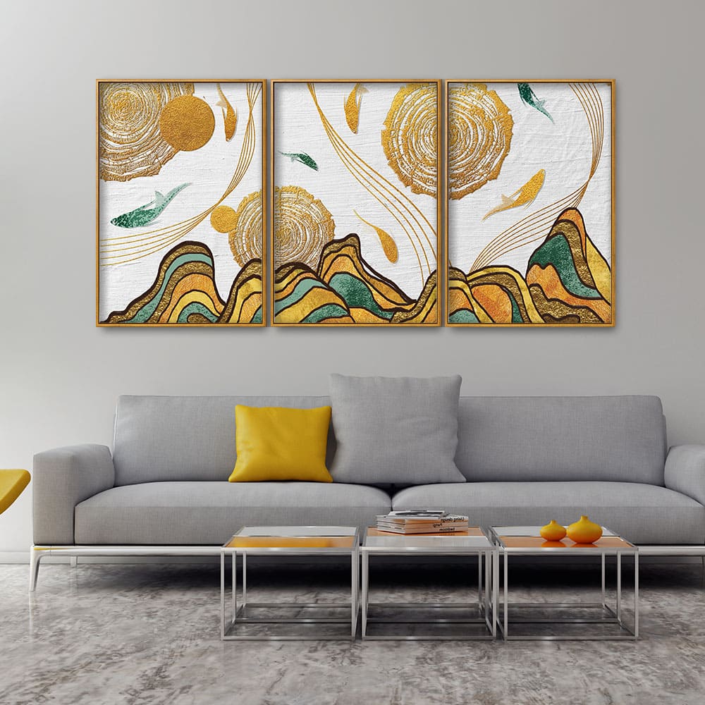 Golden Fish Abstract Premium Floating Canvas Wall Painting Set of Three - Image 3
