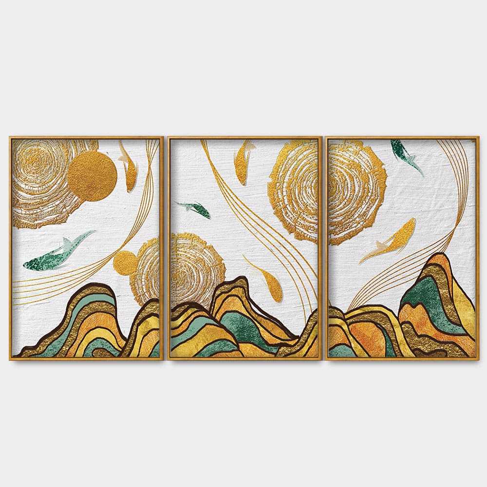 Golden Fish Abstract Premium Floating Canvas Wall Painting Set of Three - Image 4