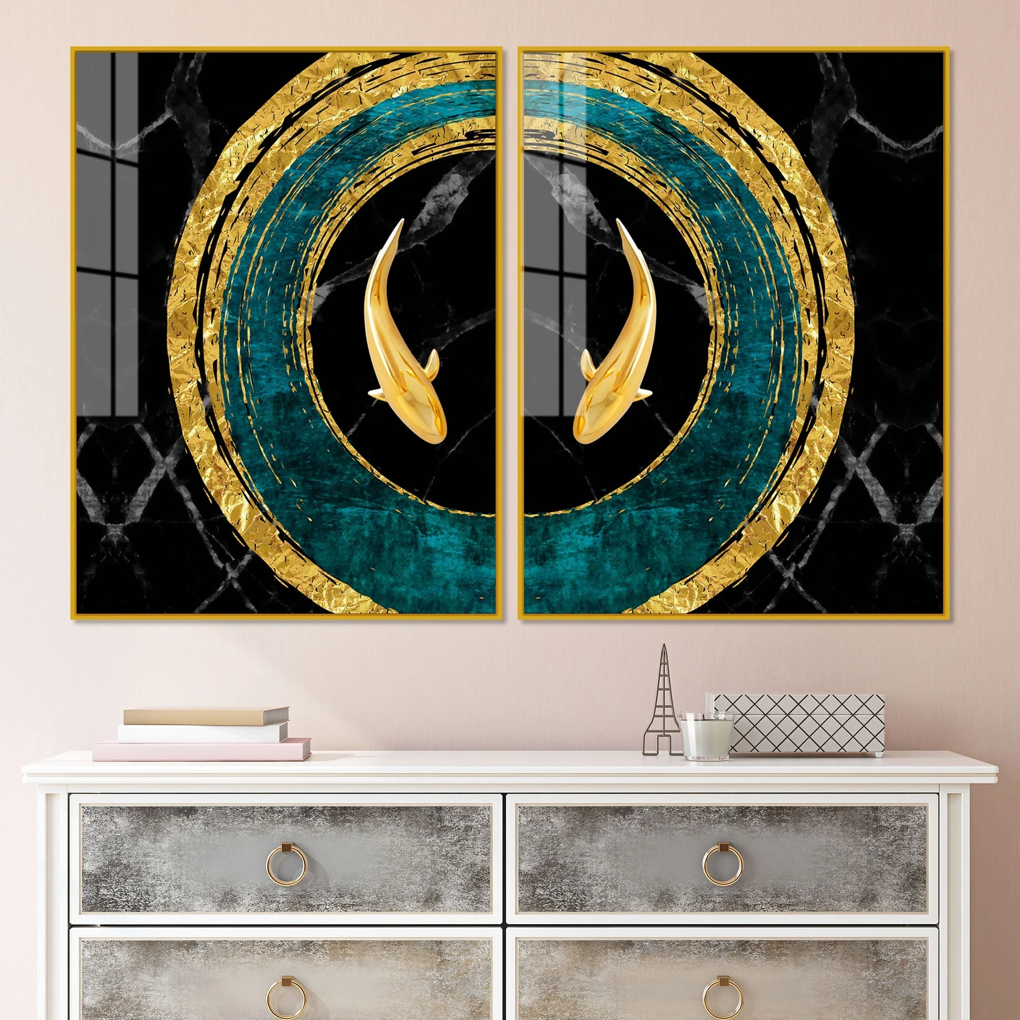 Golden Fish Acrylic Floating Wall Painting Set of 2 - Image 2