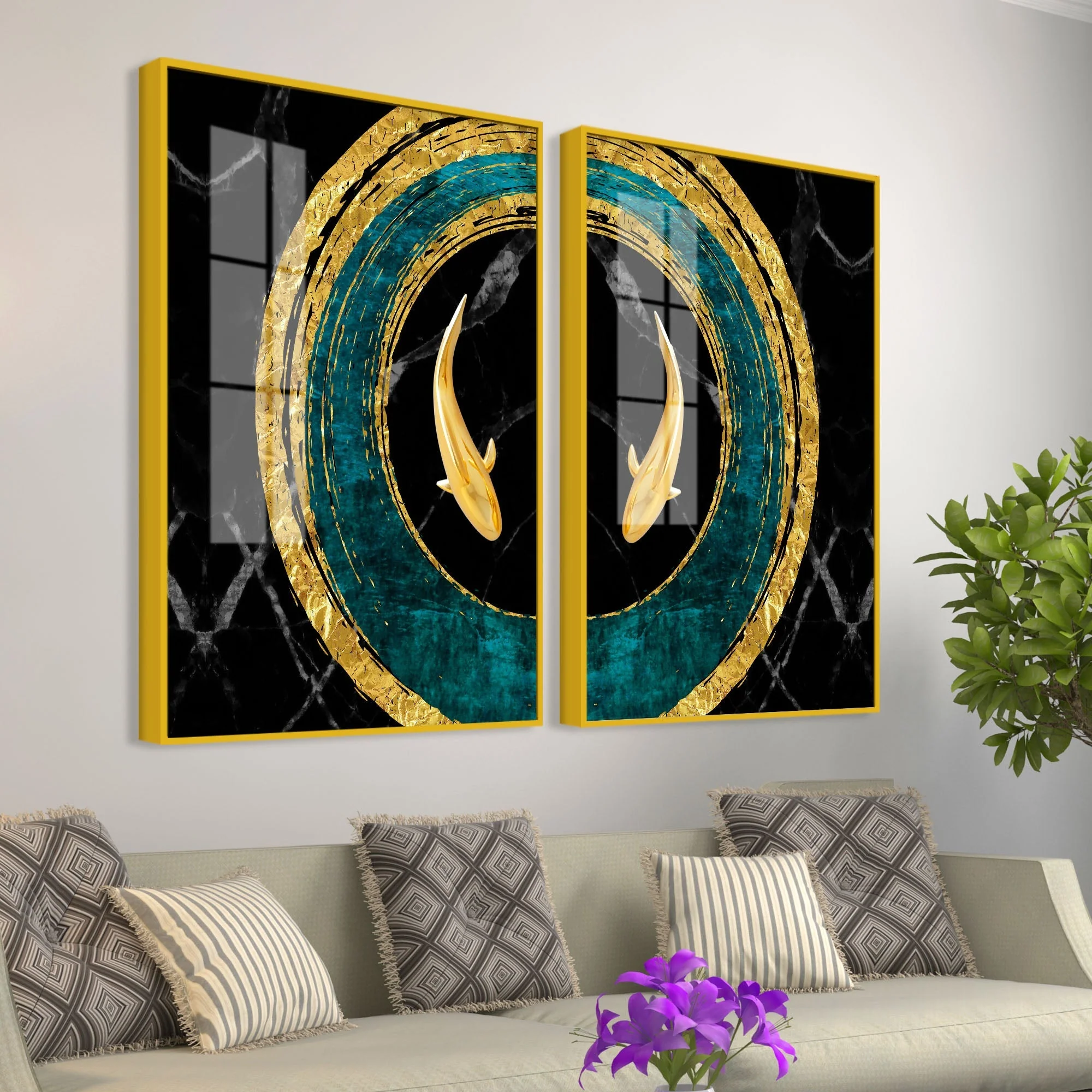 Golden Fish Acrylic Floating Wall Painting Set of 2 - Image 3