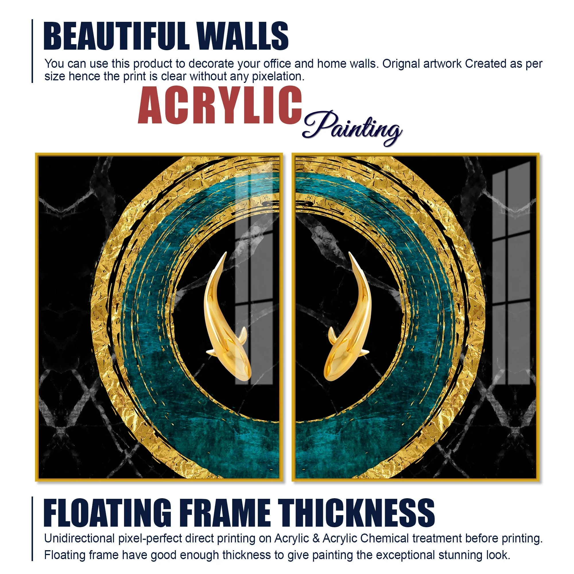 Golden Fish Acrylic Floating Wall Painting Set of 2 - Image 6