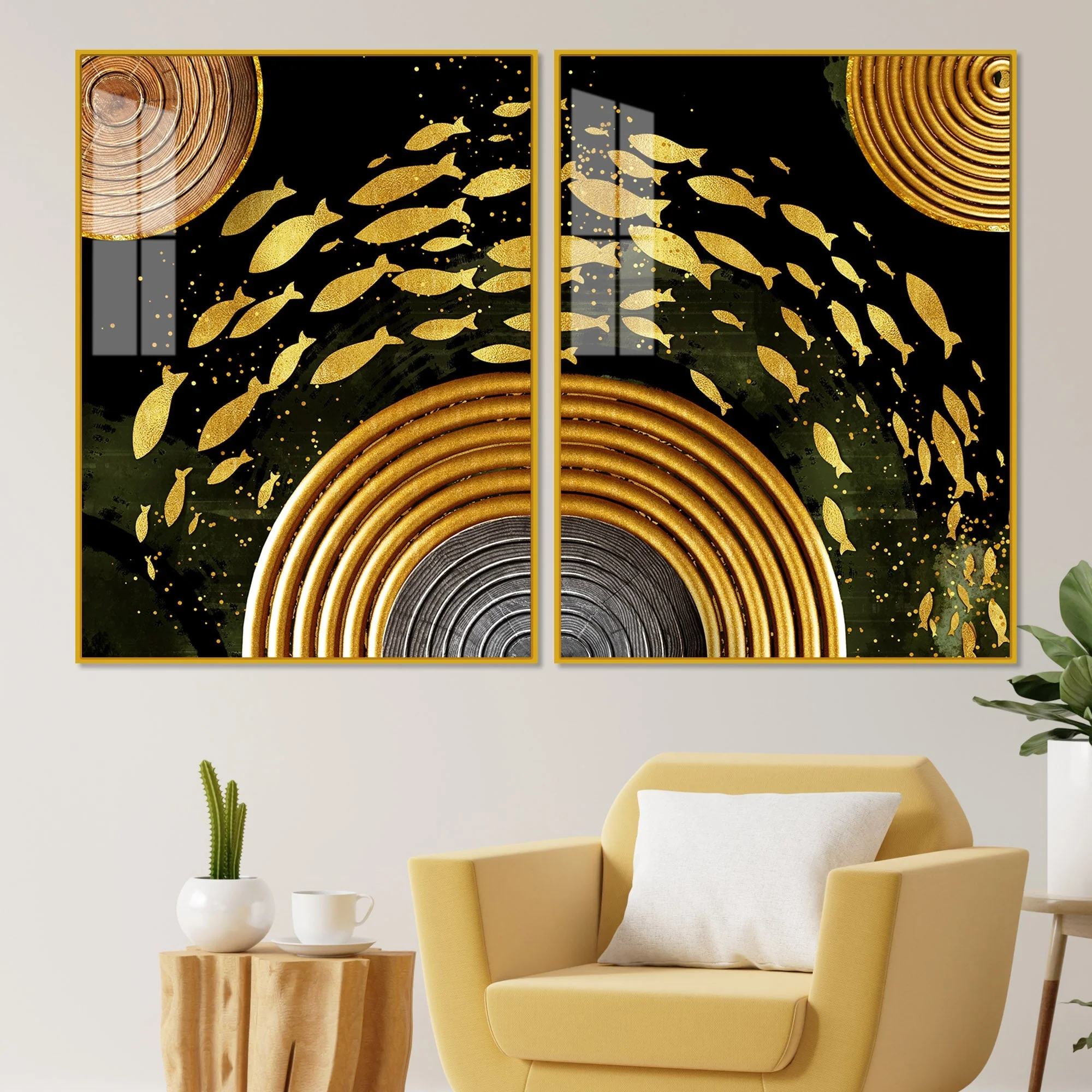 Golden Fishes Acrylic Floating Wall Painting Set of 2 - Image 2
