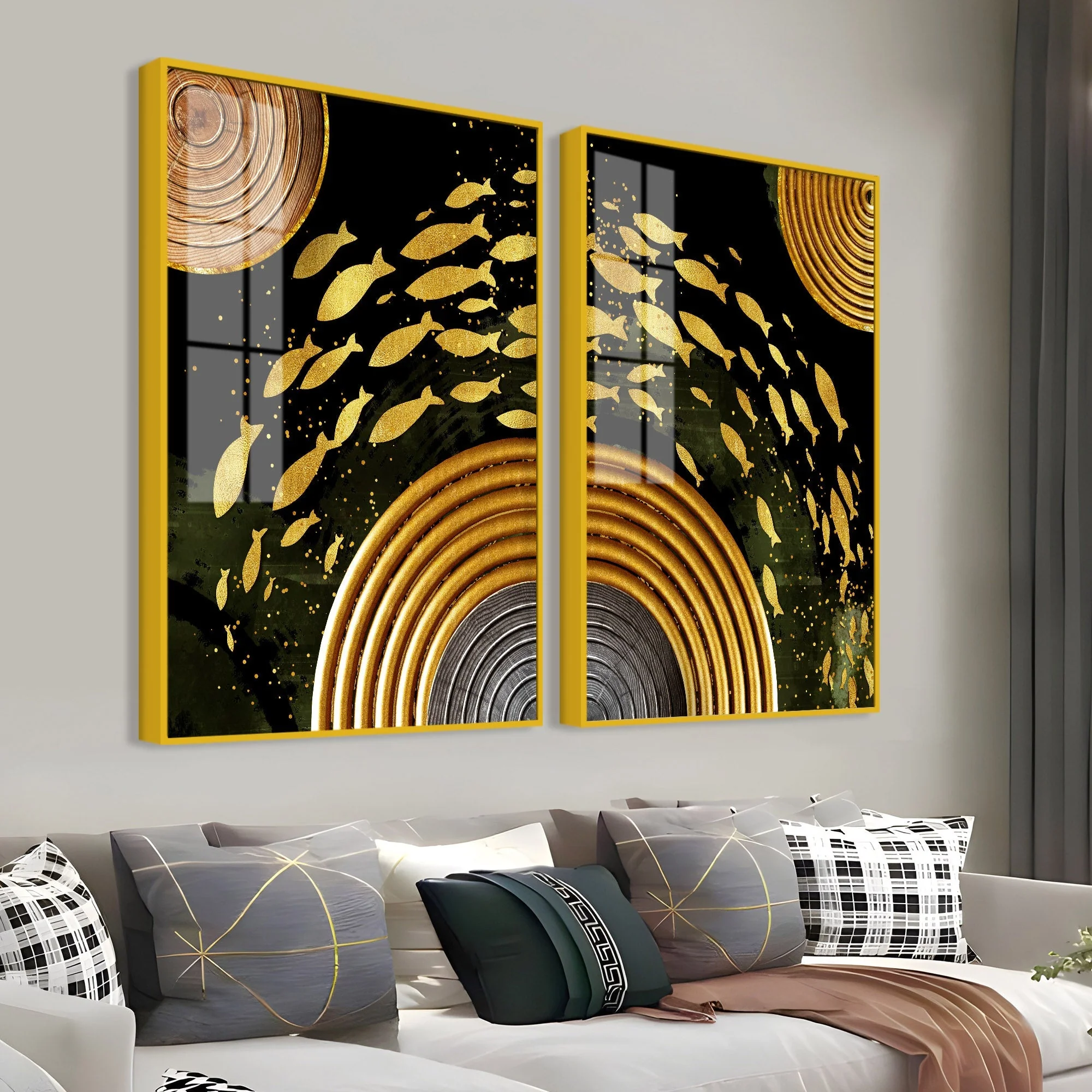 Golden Fishes Acrylic Floating Wall Painting Set of 2 - Image 3