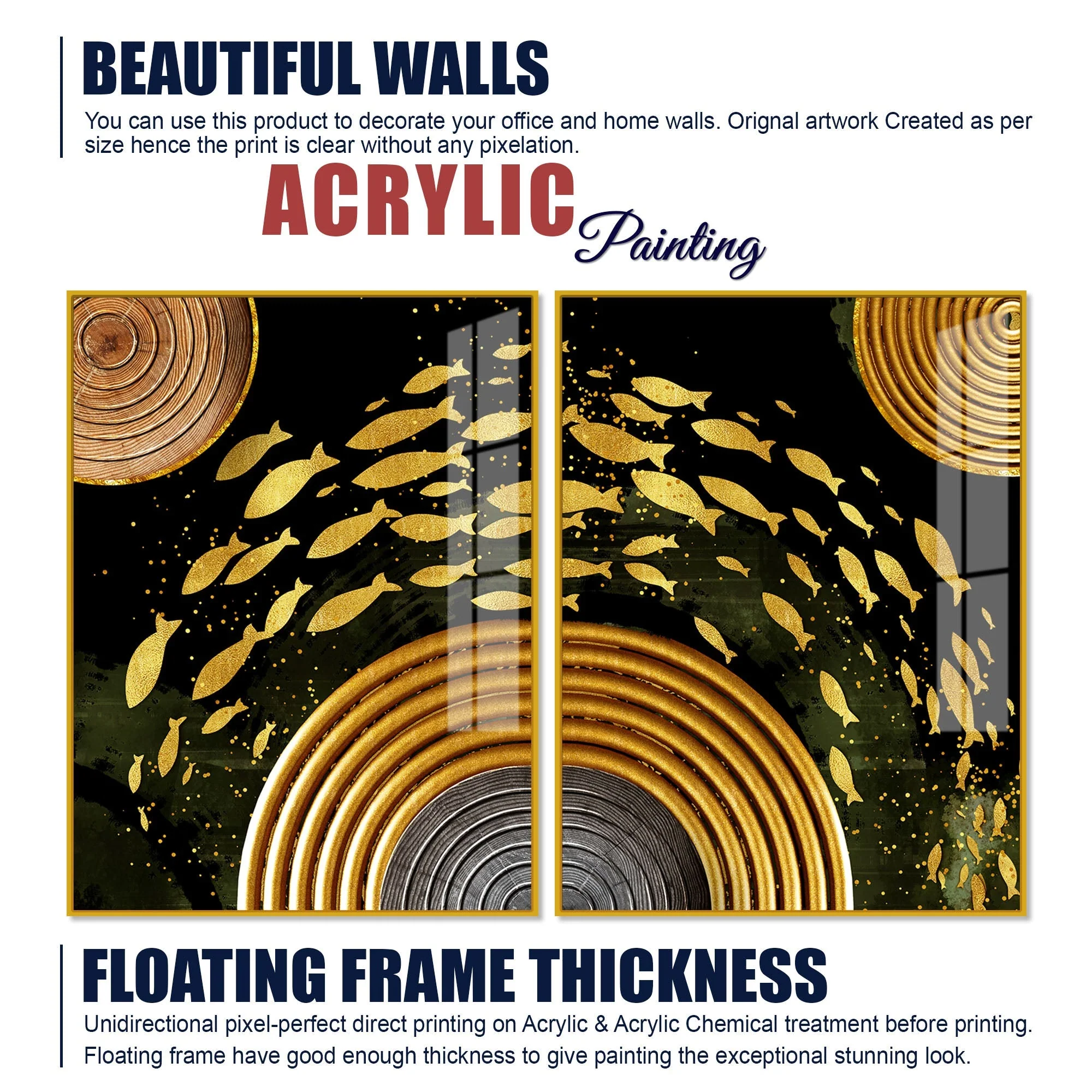Golden Fishes Acrylic Floating Wall Painting Set of 2 - Image 6