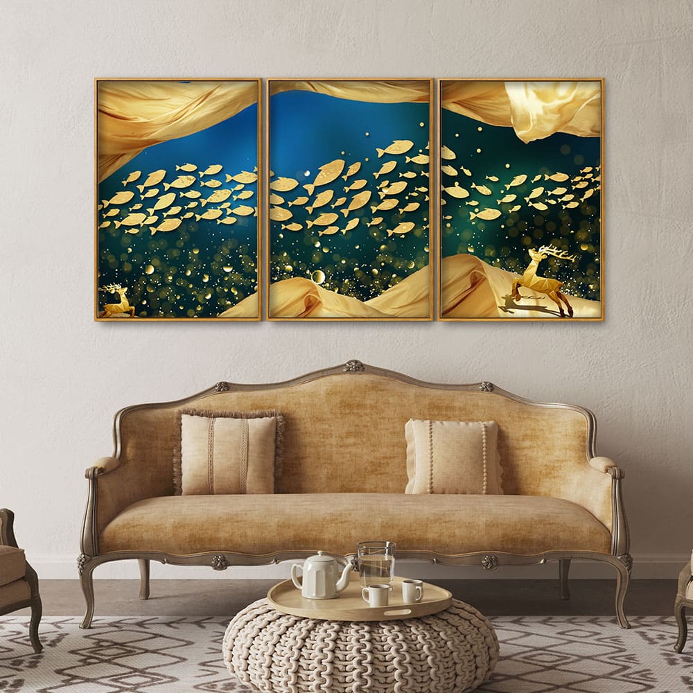 Golden Fishes in the Ocean Premium Floating Canvas Wall Painting Set of Three - Image 2