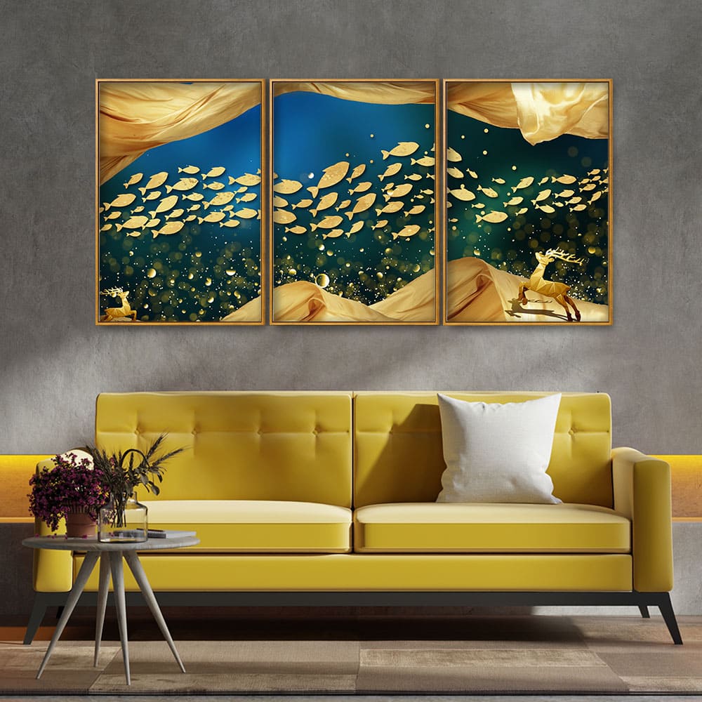 Golden Fishes in the Ocean Premium Floating Canvas Wall Painting Set of Three - Image 3