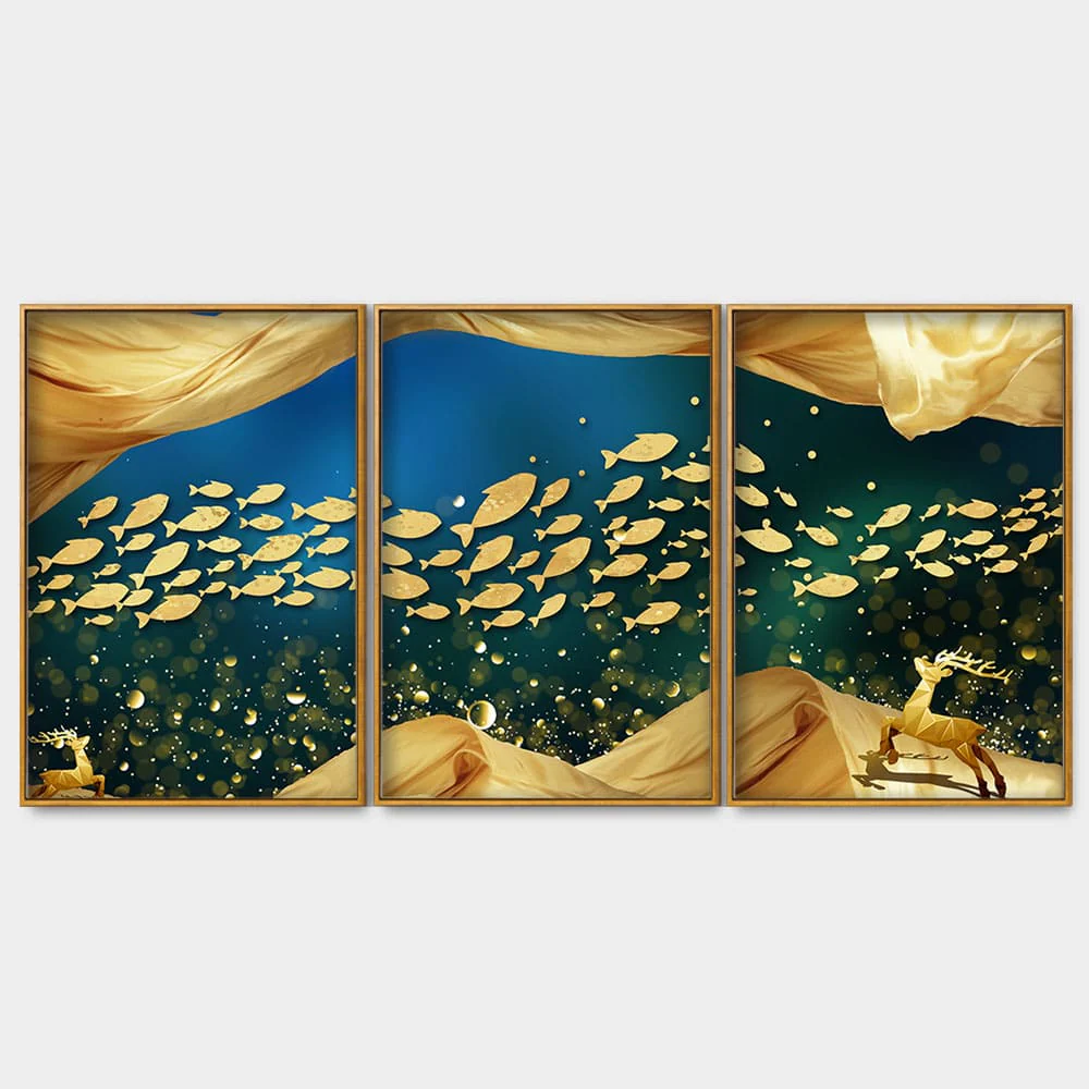 Golden Fishes in the Ocean Premium Floating Canvas Wall Painting Set of Three - Image 4