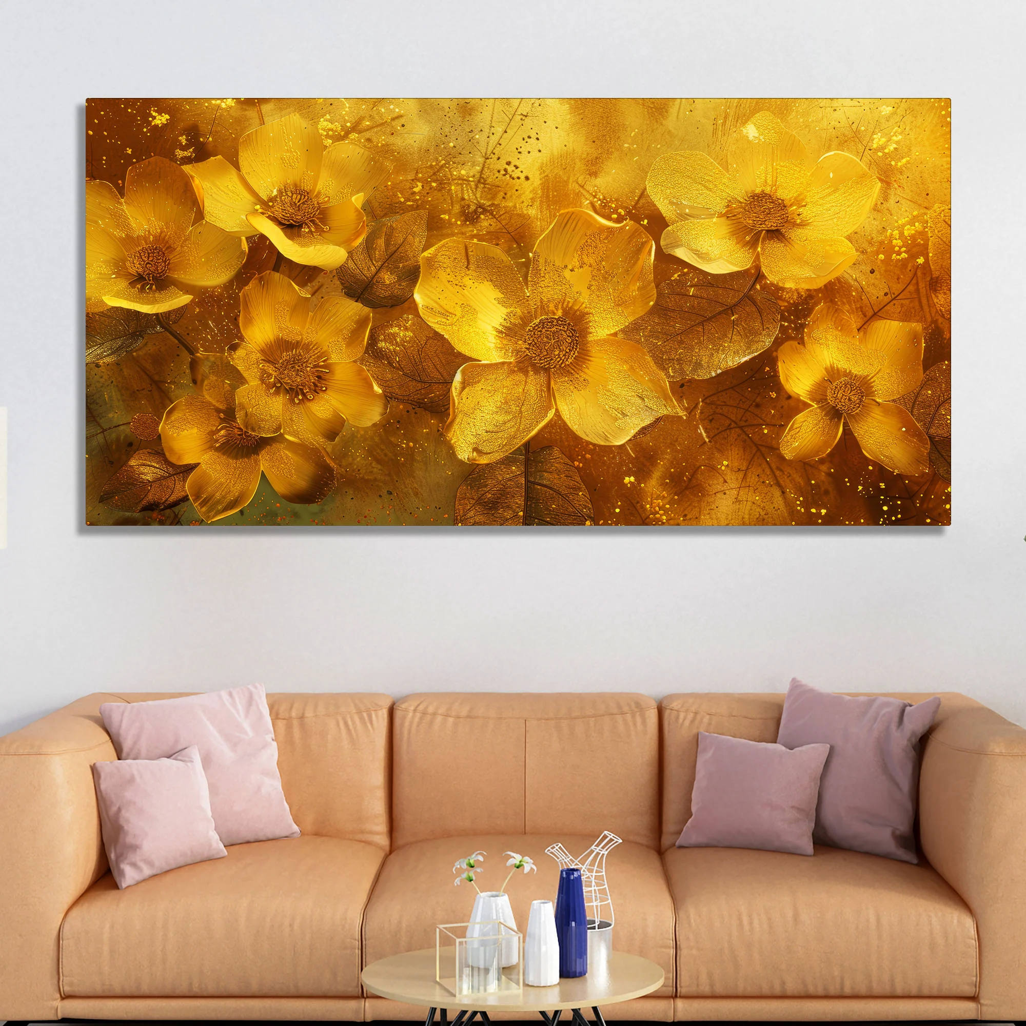 Golden Floral Flowers Field Premium Canvas Wooden Wall Painting - Image 2