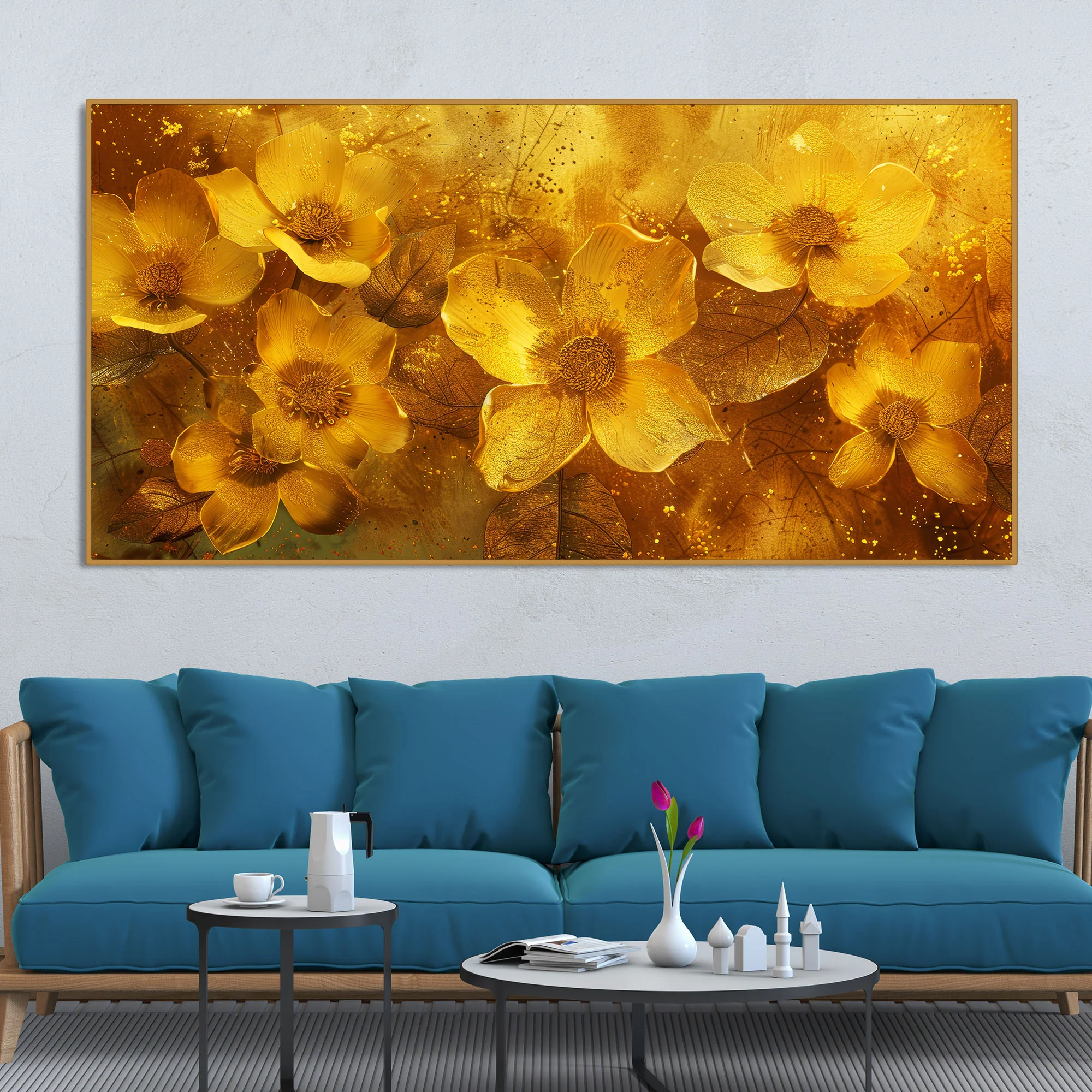 Golden Floral Flowers Field Premium Canvas Wooden Wall Painting - Image 3