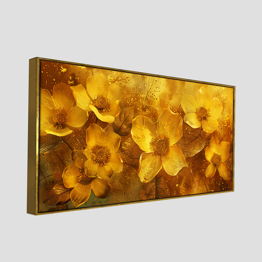 Golden Floral Flowers Field Premium Canvas Wooden Wall Painting - Image 4