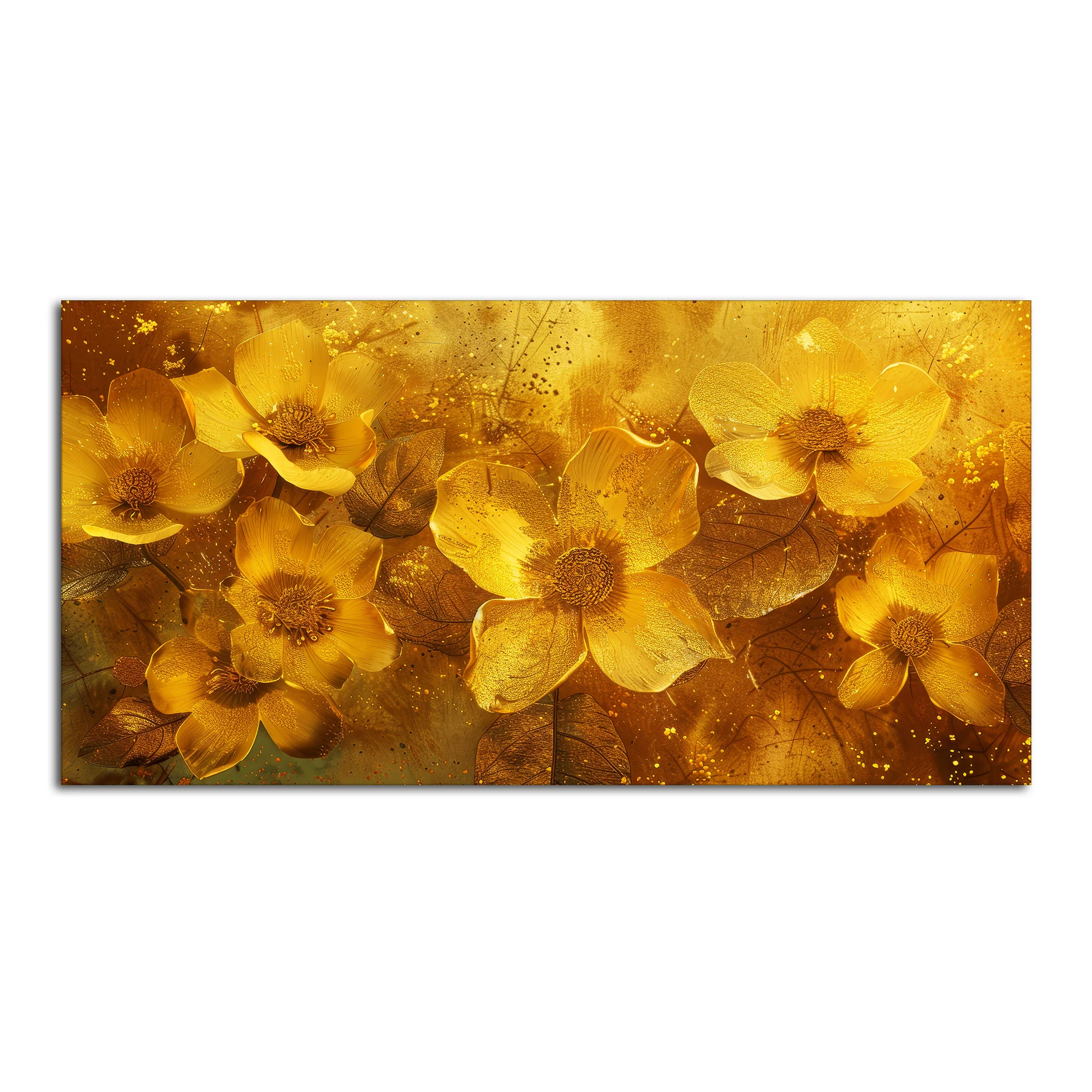 Golden Floral Flowers Field Premium Canvas Wooden Wall Painting - Image 5