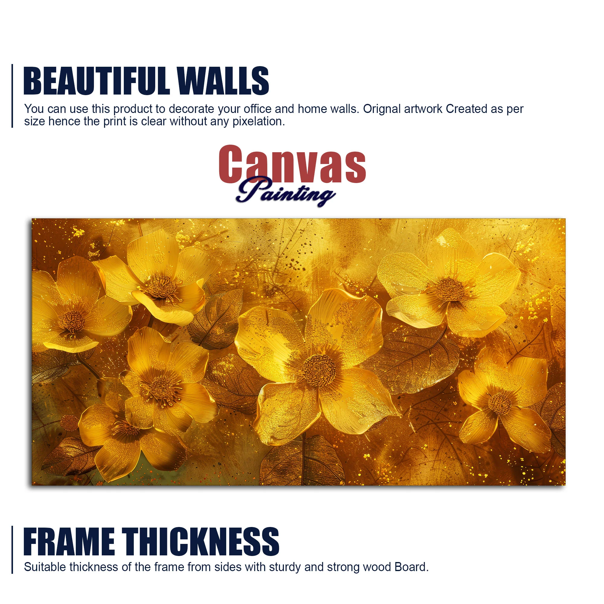 Golden Floral Flowers Field Premium Canvas Wooden Wall Painting - Image 6