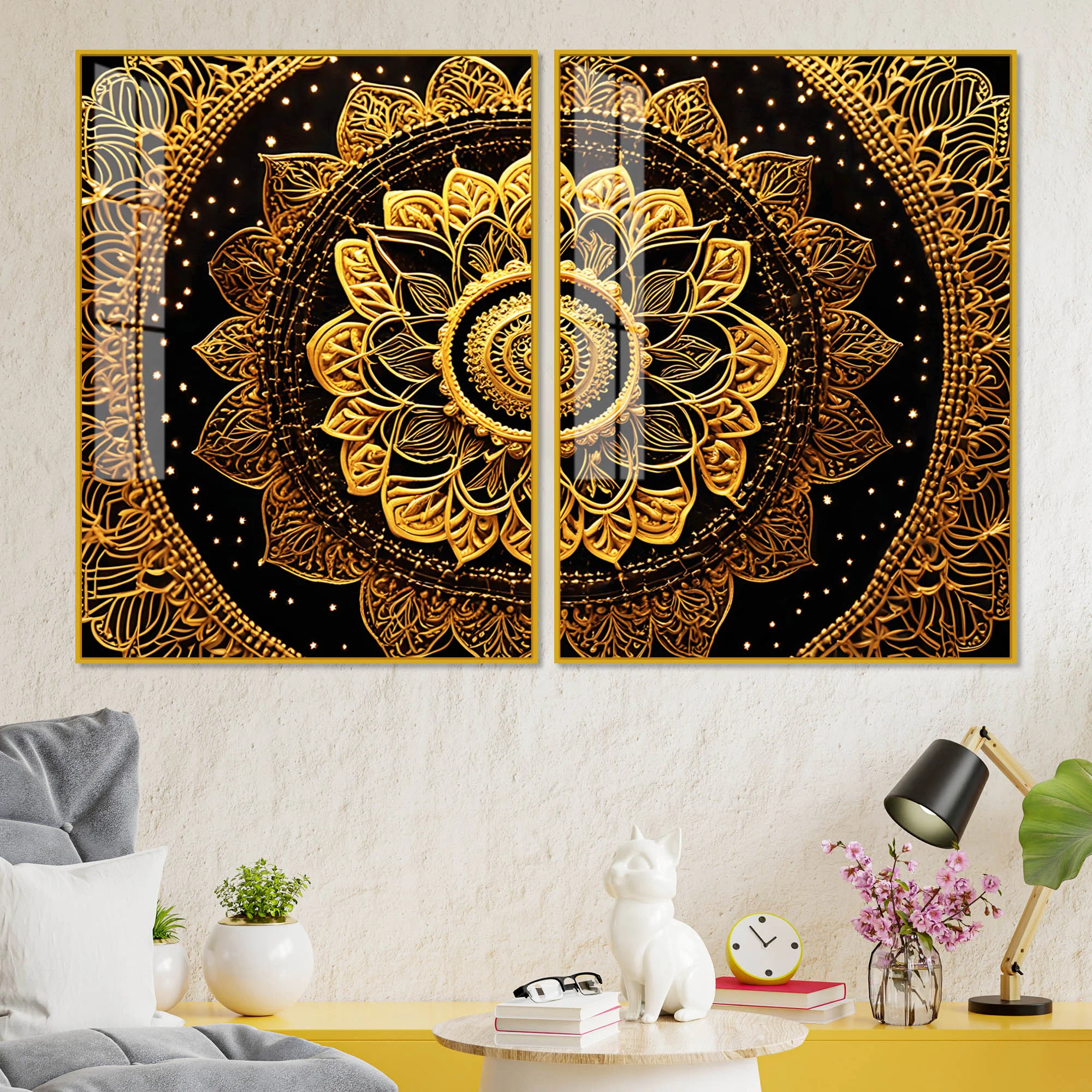 Golden Floral Mandala Acrylic Art Floating Wall Painting Set of 2 - Image 2