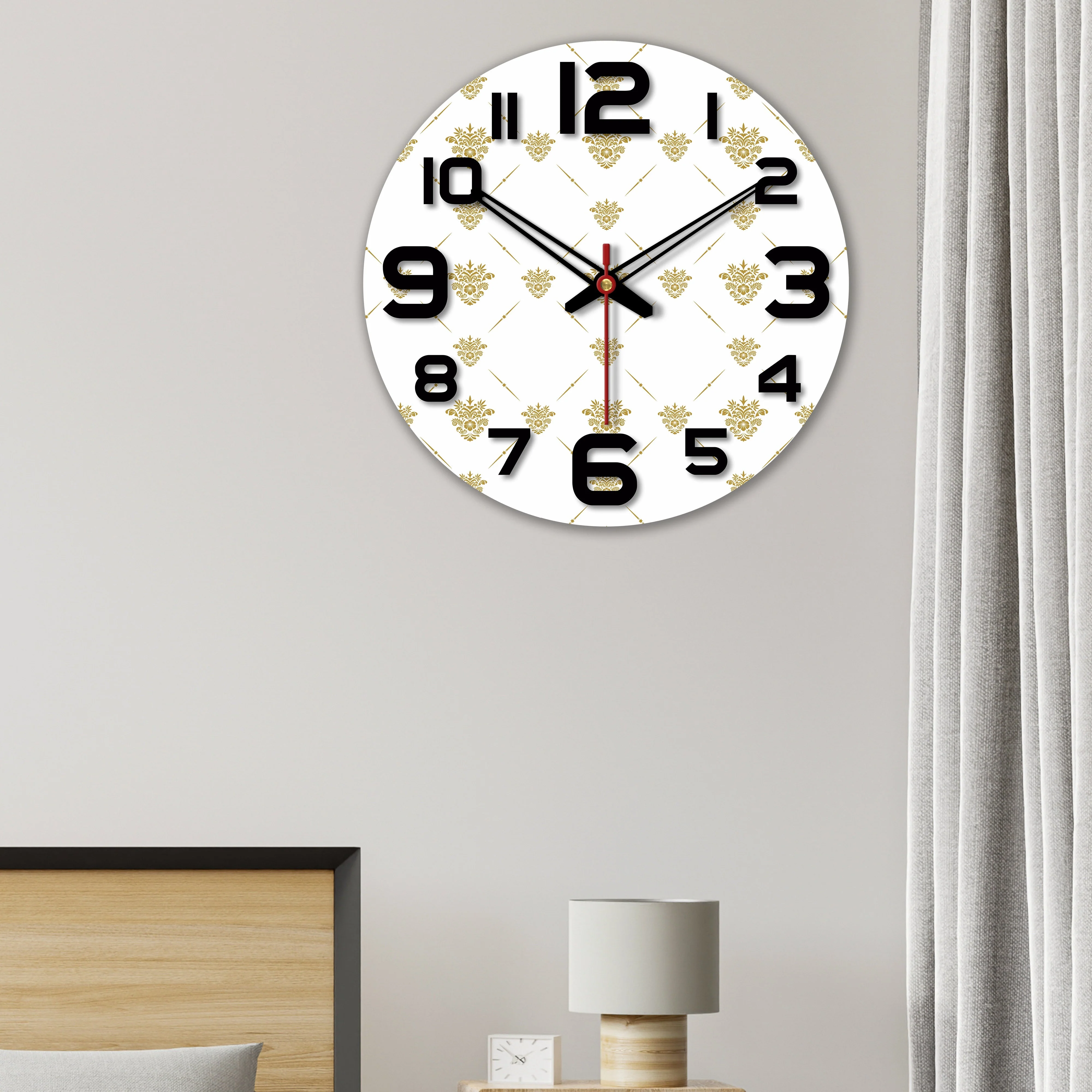Golden Floral Pattern Wooden Wall Clock