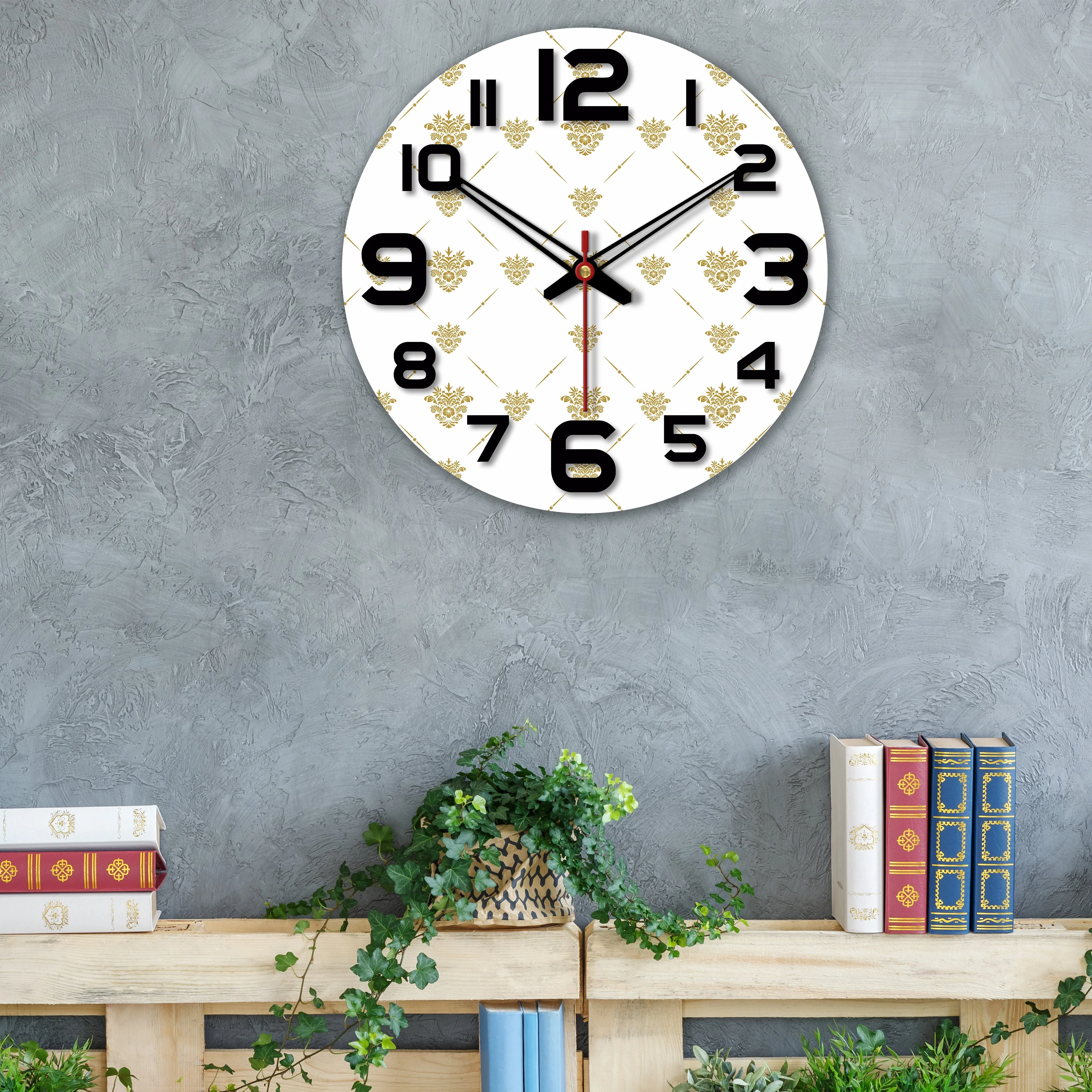 Golden Floral Pattern Wooden Wall Clock - Image 2