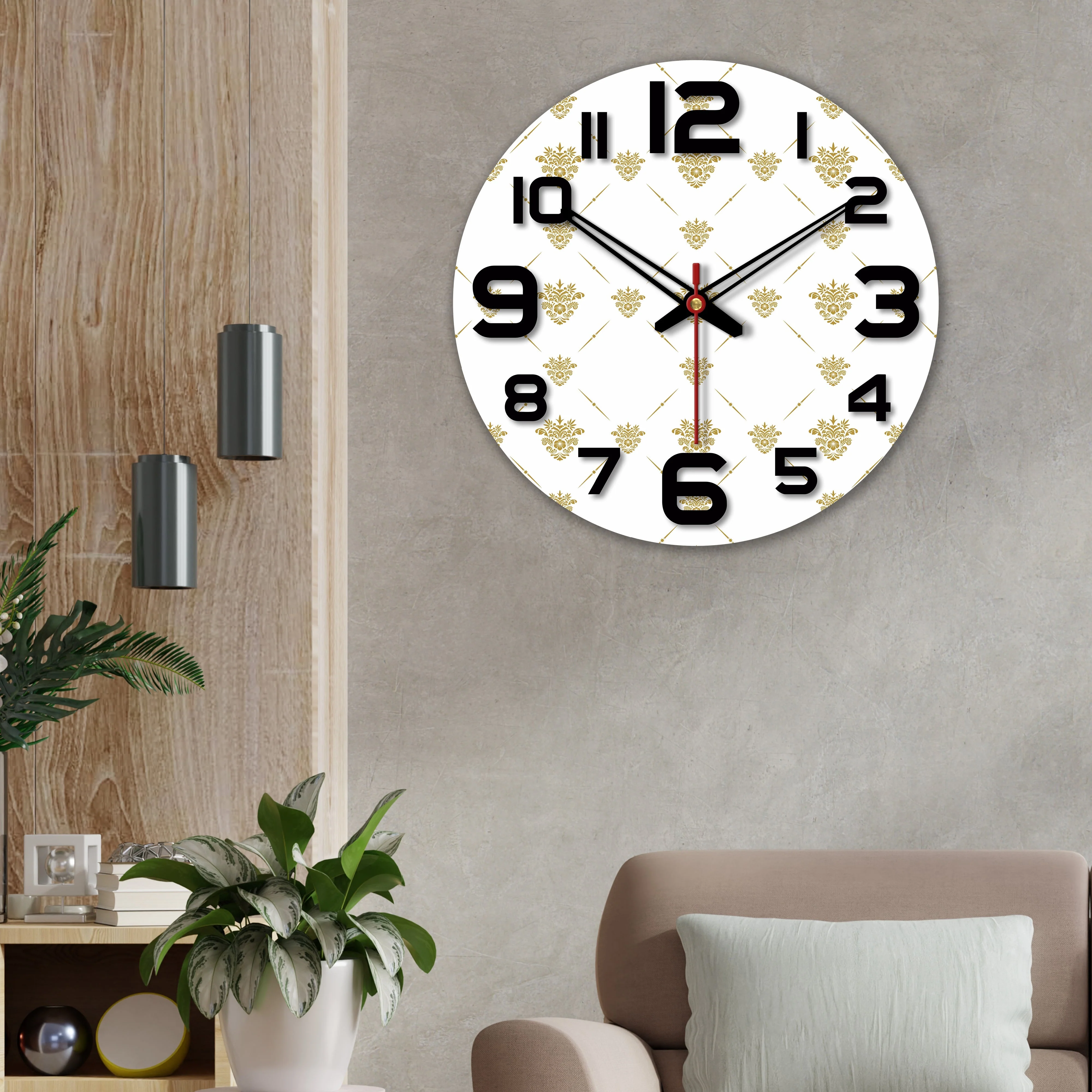 Golden Floral Pattern Wooden Wall Clock - Image 3