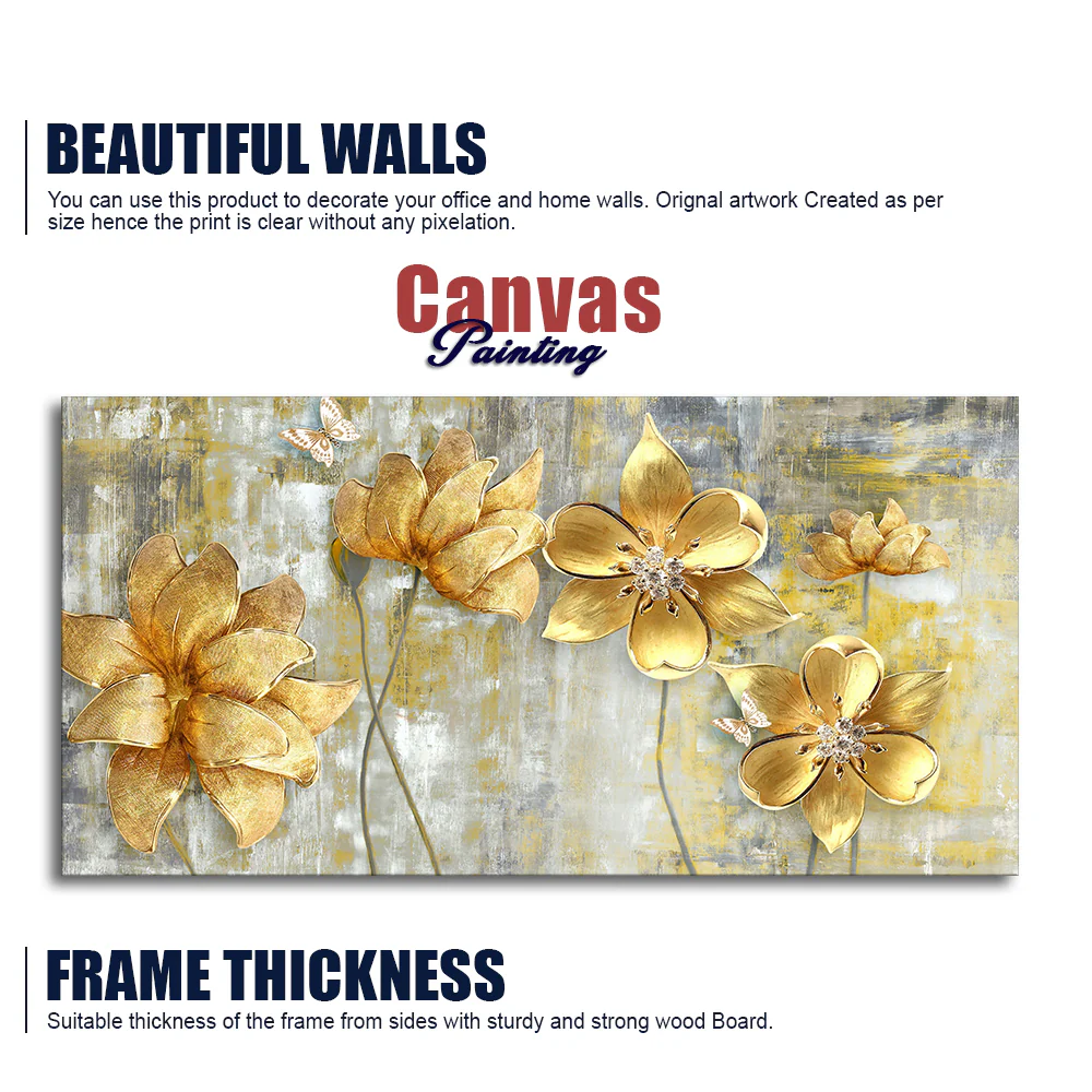 Golden Flowers Abstracts Art Premium Canvas Wall Painting - Image 4