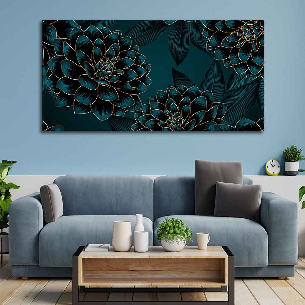 Golden Flowers Dahlia and Leaves Wall Painting - Image 2