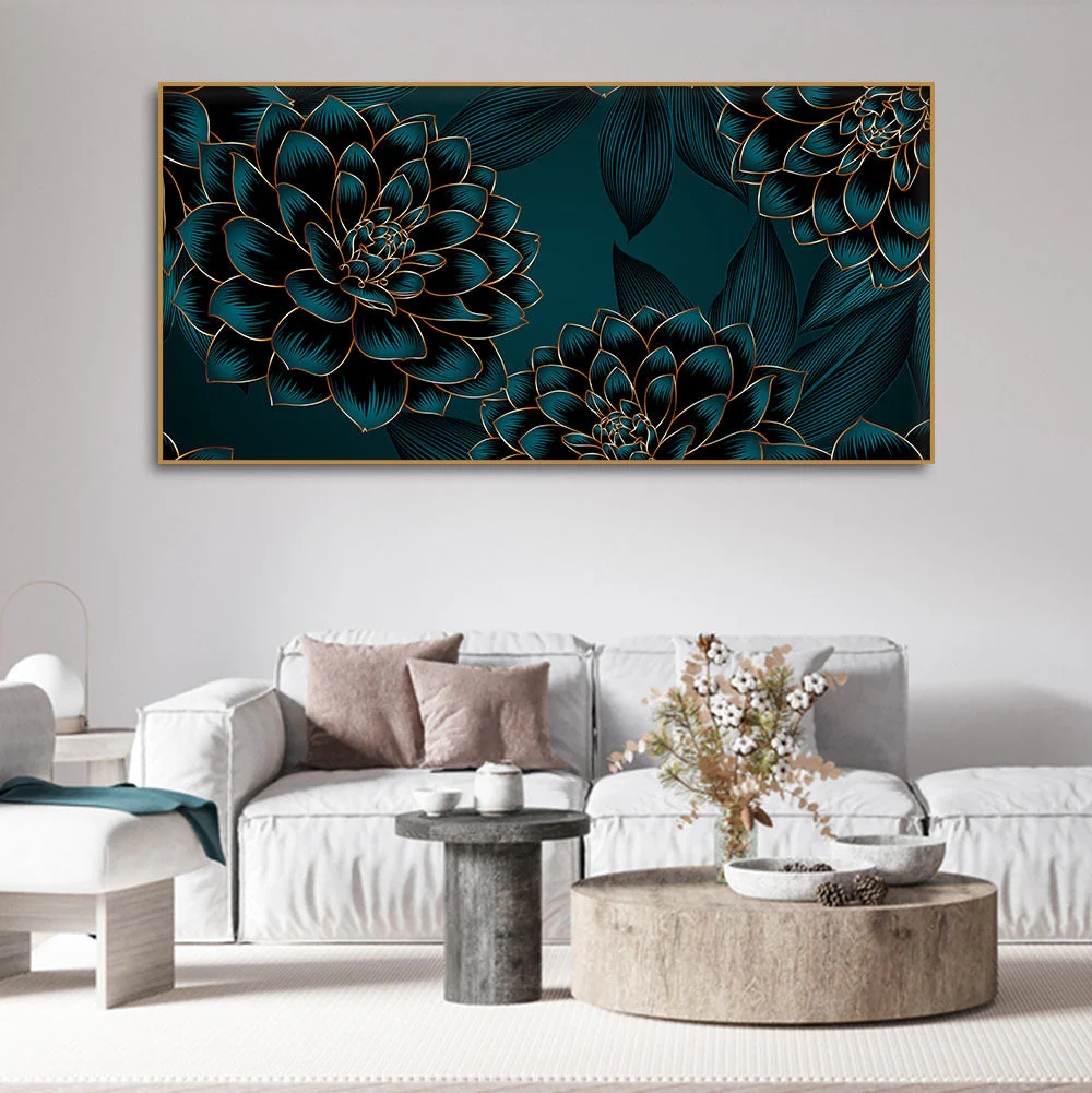 Golden Flowers Dahlia and Leaves Wall Painting - Image 3