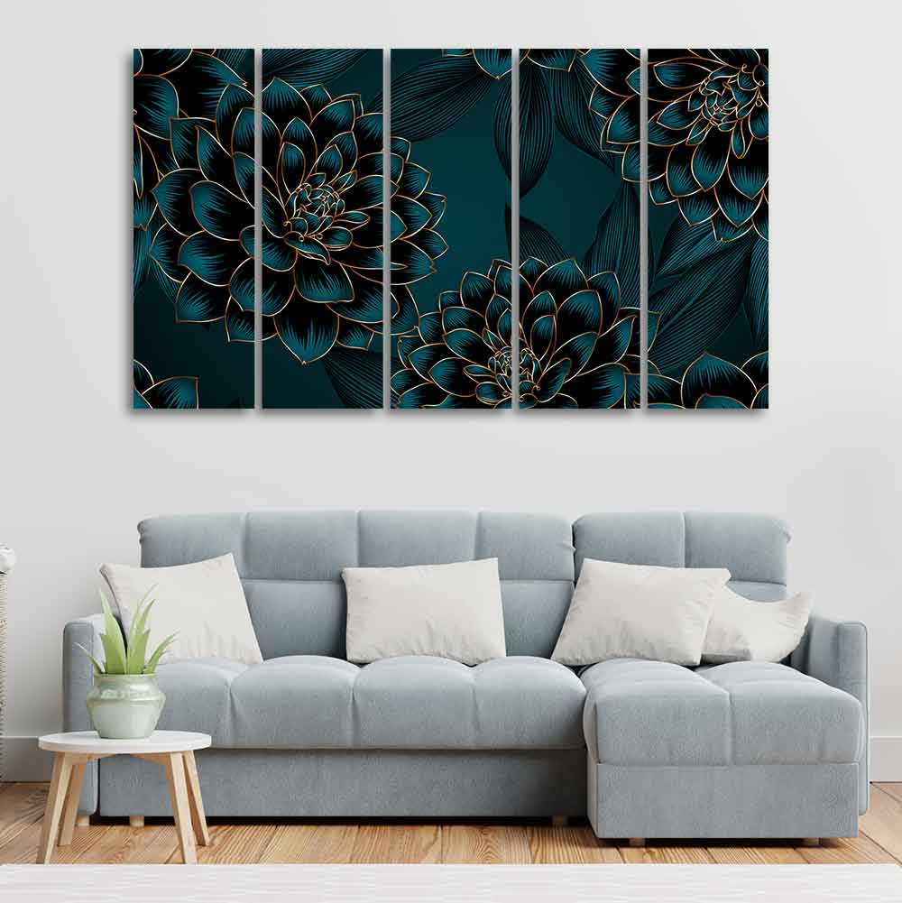 Golden Flowers Dahlia and Leaves Wall Painting of Five Pieces - Image 2