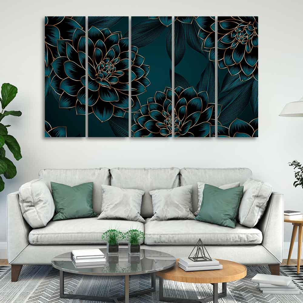 Golden Flowers Dahlia and Leaves Wall Painting of Five Pieces - Image 3