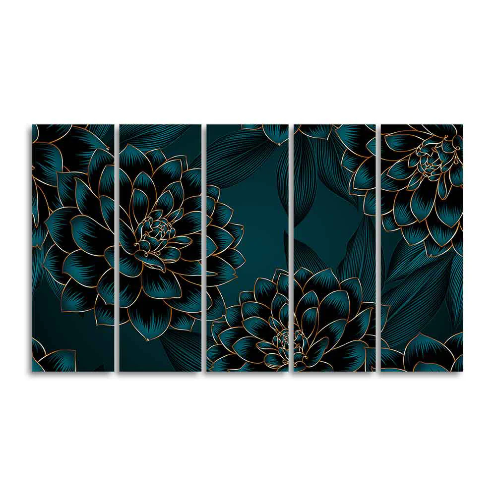 Golden Flowers Dahlia and Leaves Wall Painting of Five Pieces - Image 4