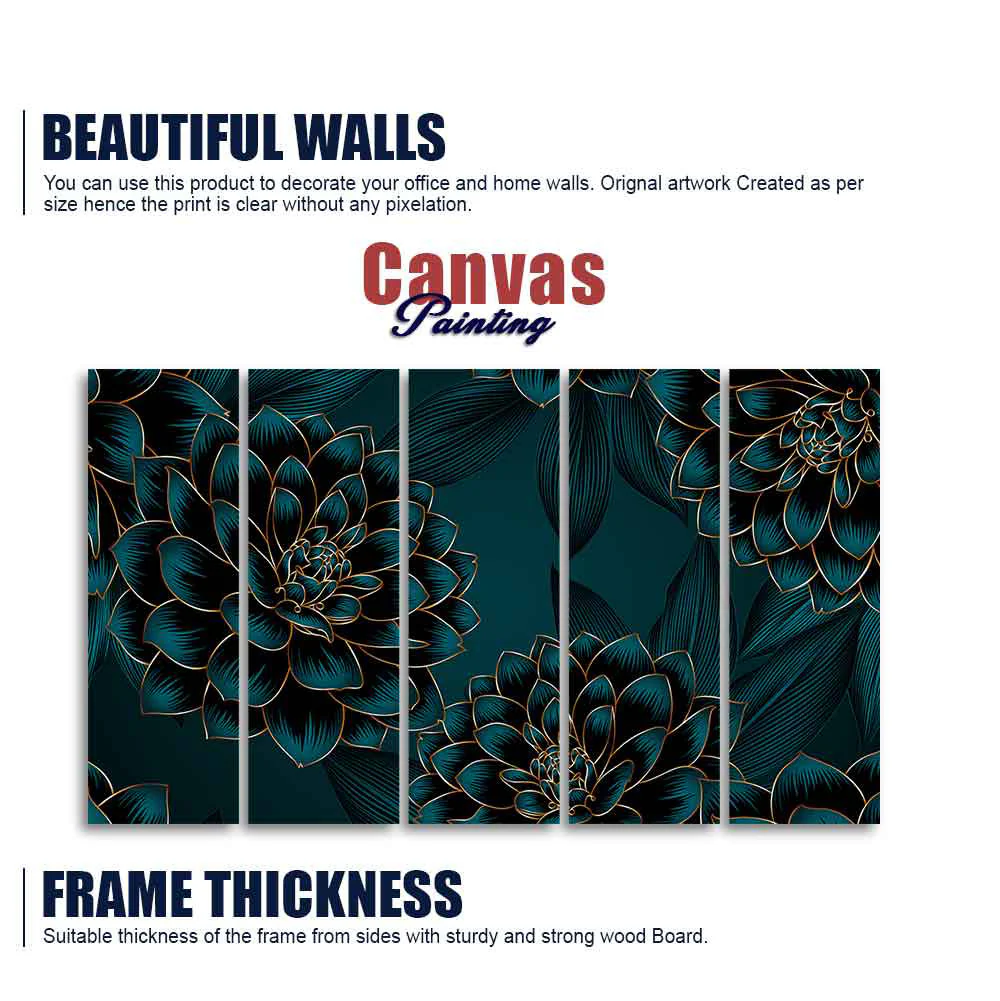 Golden Flowers Dahlia and Leaves Wall Painting of Five Pieces - Image 5