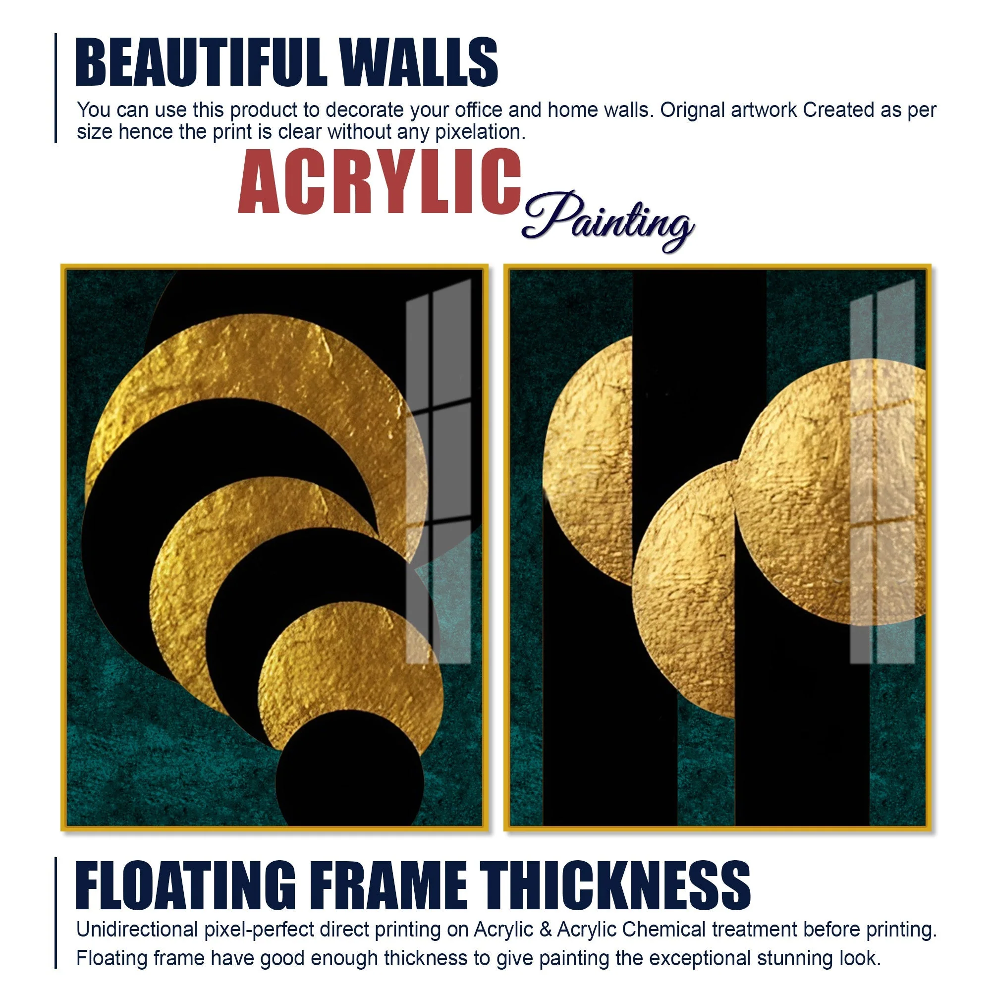 Golden Geometric Circles Shapes Art Acrylic Floating Wall Painting Set Of 2 - Image 6