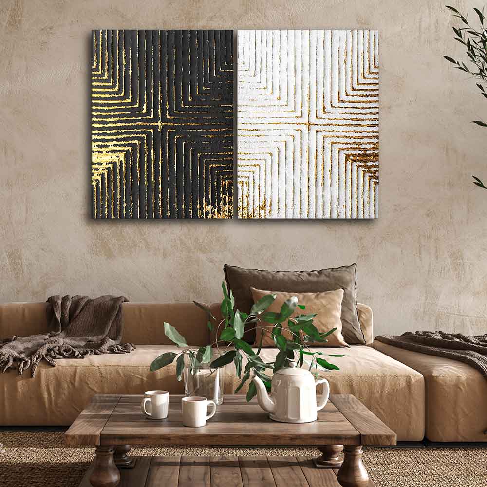 Golden Geometric Pattern Canvas Wall Painting of Two Pieces - Image 2