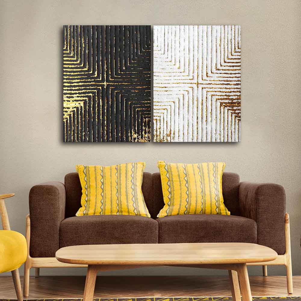 Golden Geometric Pattern Canvas Wall Painting of Two Pieces - Image 3