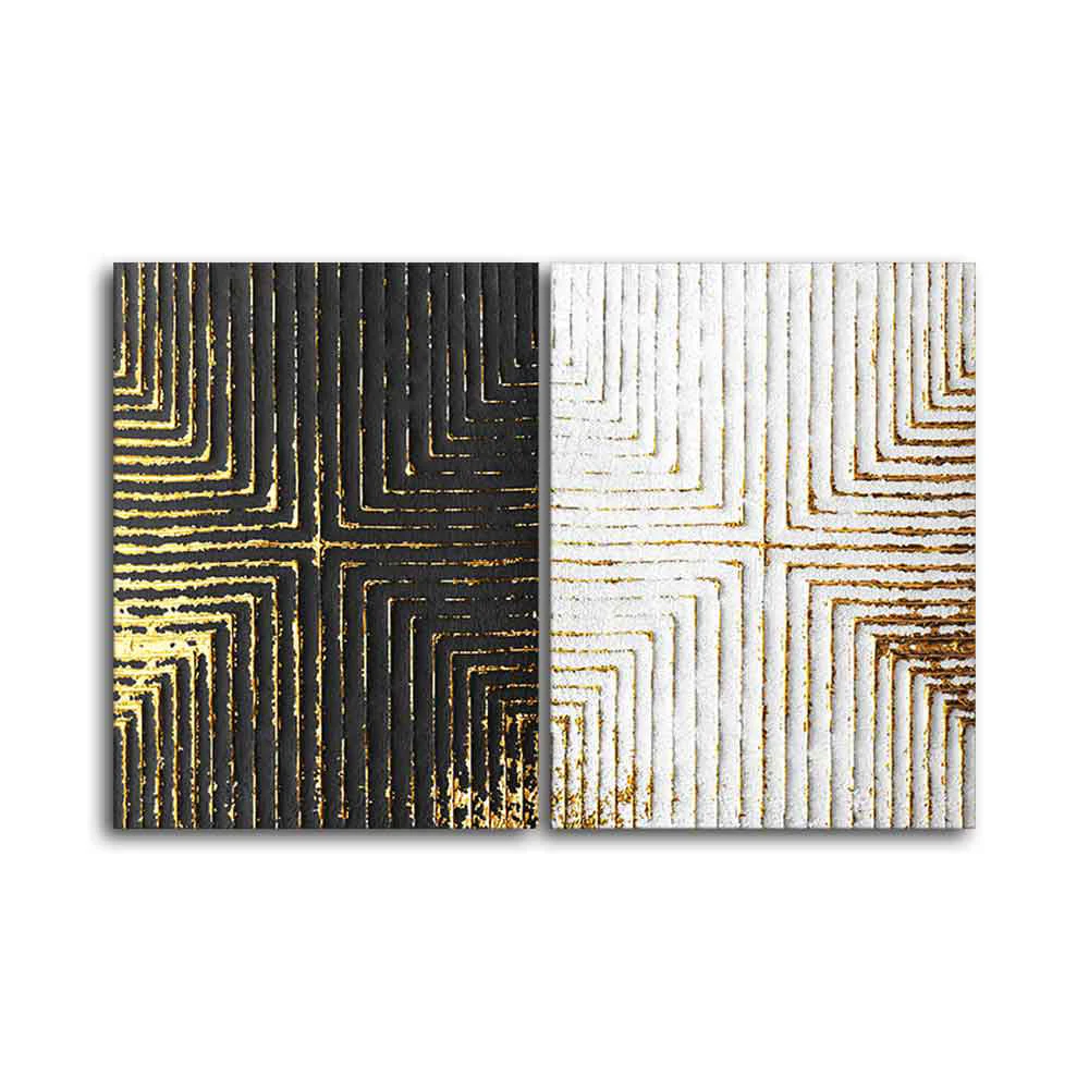 Golden Geometric Pattern Canvas Wall Painting of Two Pieces - Image 4
