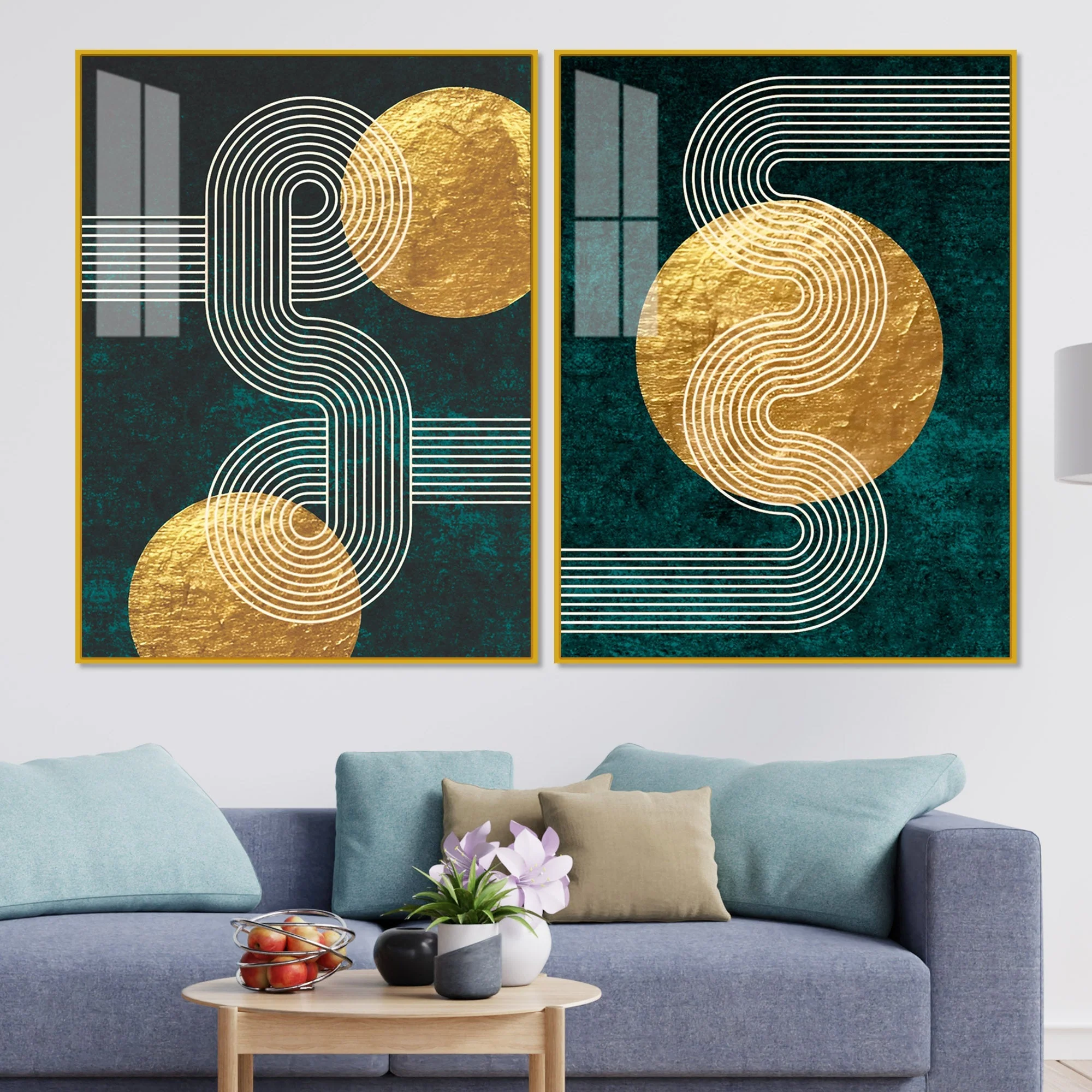 Golden Geometrical Pattern Acrylic Floating Wall Painting Set of 2 - Image 2
