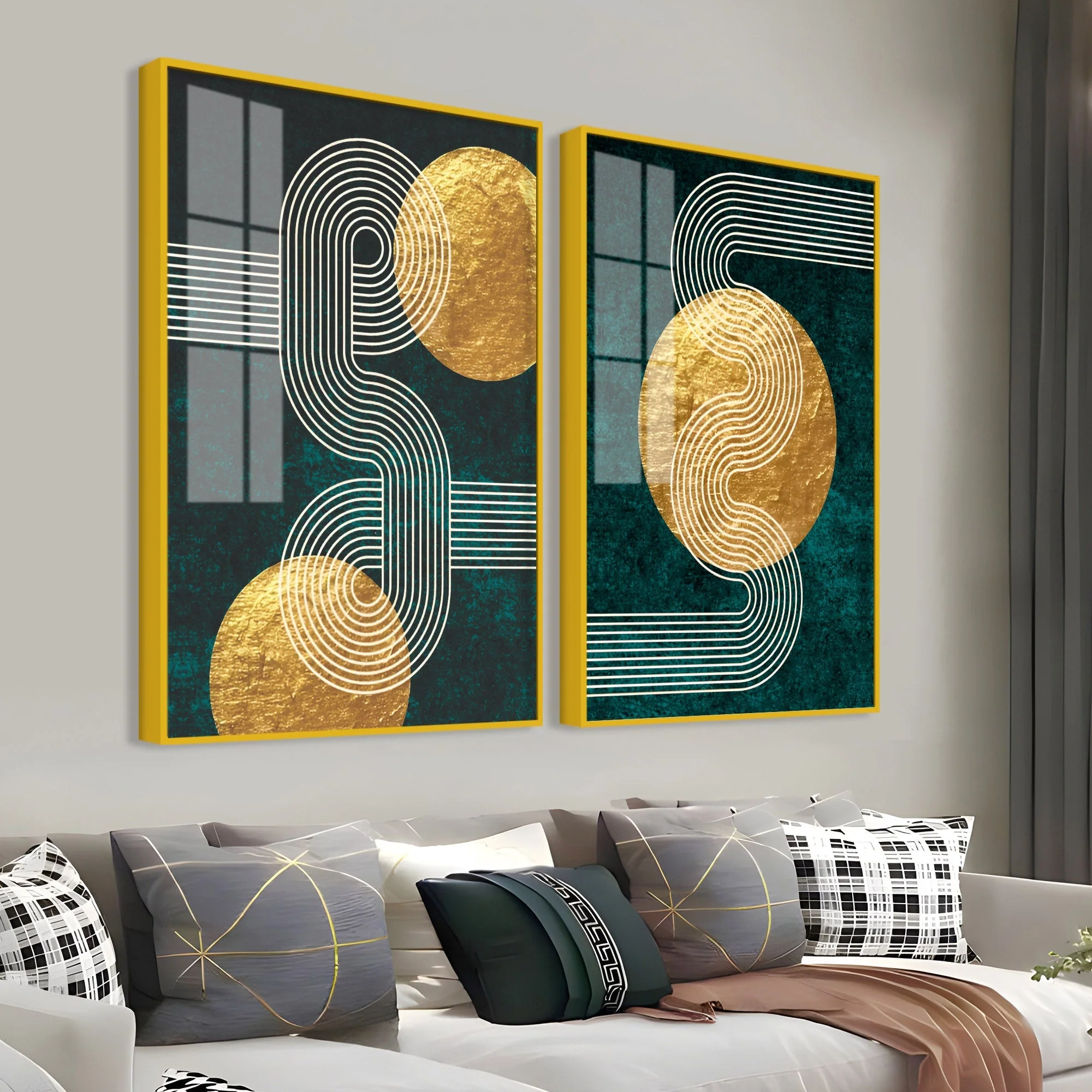 Golden Geometrical Pattern Acrylic Floating Wall Painting Set of 2 - Image 4