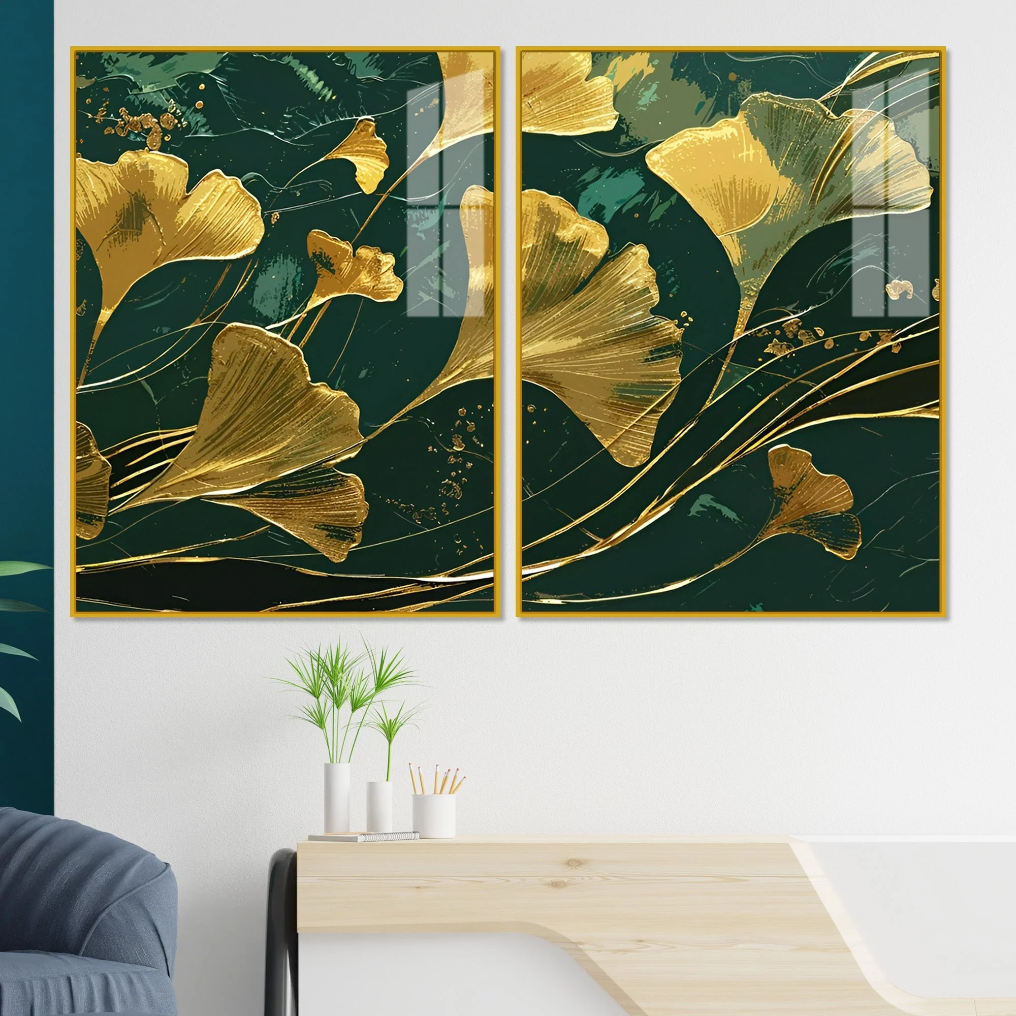 Golden Ginkgo Biloba Leaves Drawn Acrylic Floating Wall Painting Set Of 2 - Image 2