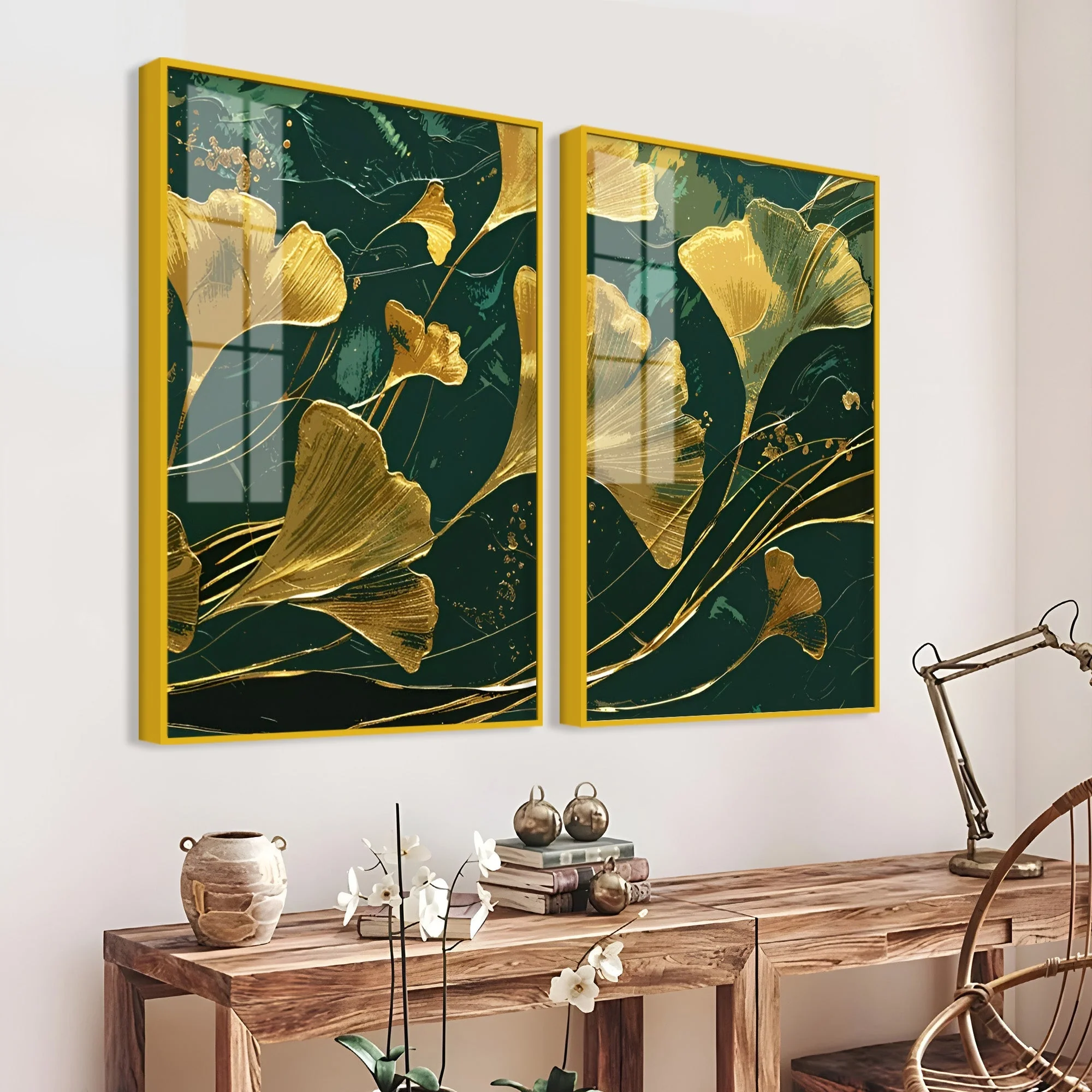Golden Ginkgo Biloba Leaves Drawn Acrylic Floating Wall Painting Set Of 2 - Image 3