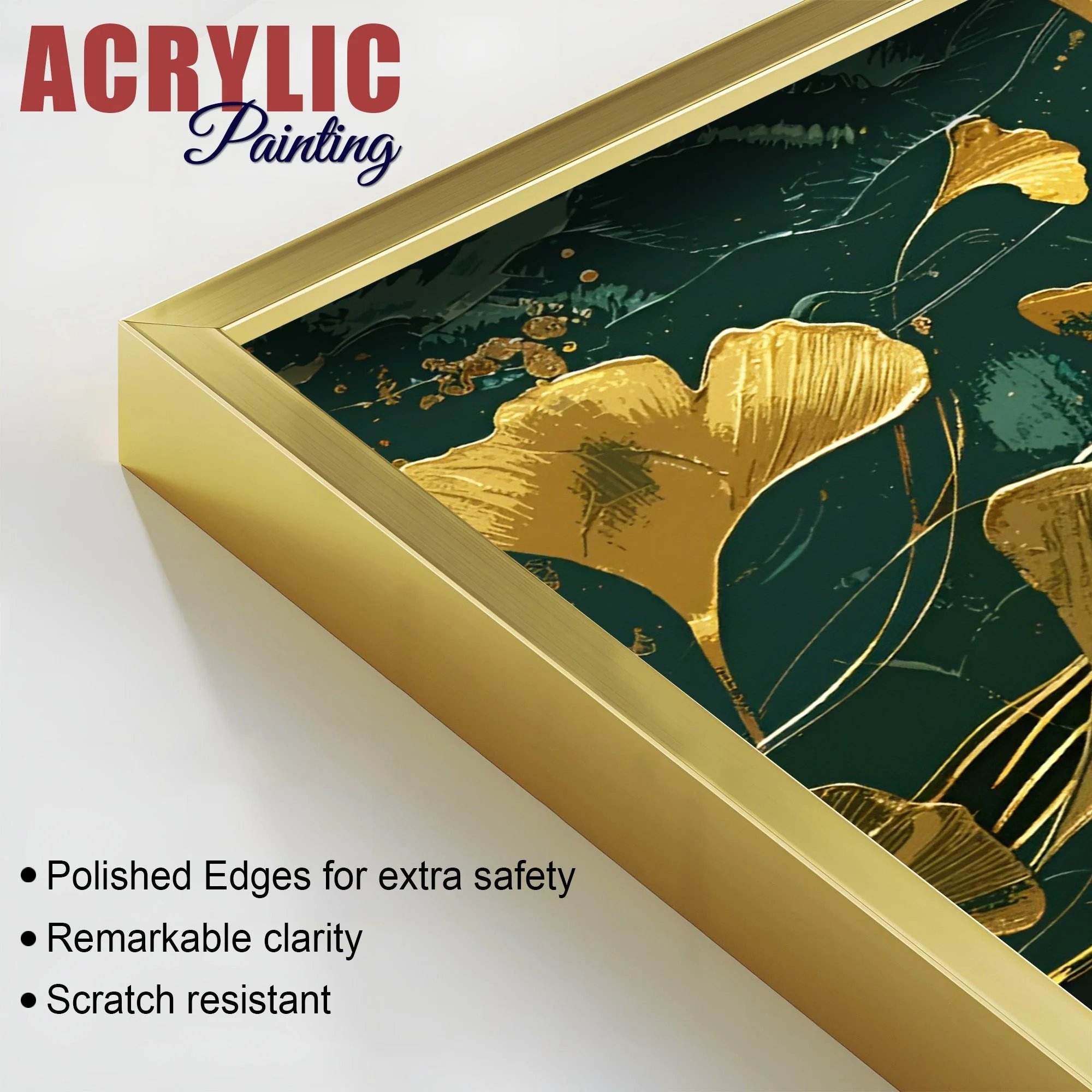 Golden Ginkgo Biloba Leaves Drawn Acrylic Floating Wall Painting Set Of 2 - Image 4