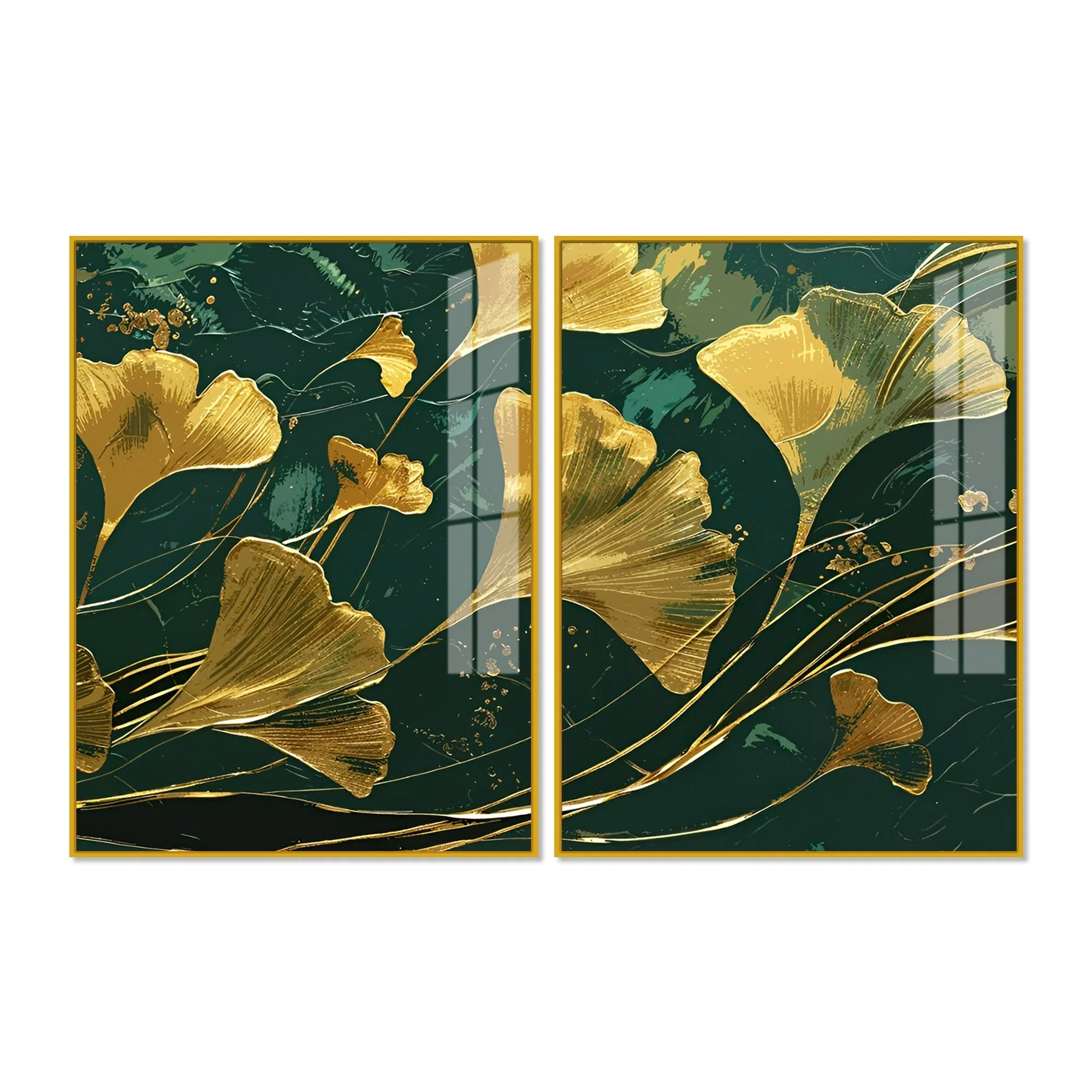 Golden Ginkgo Biloba Leaves Drawn Acrylic Floating Wall Painting Set Of 2 - Image 5