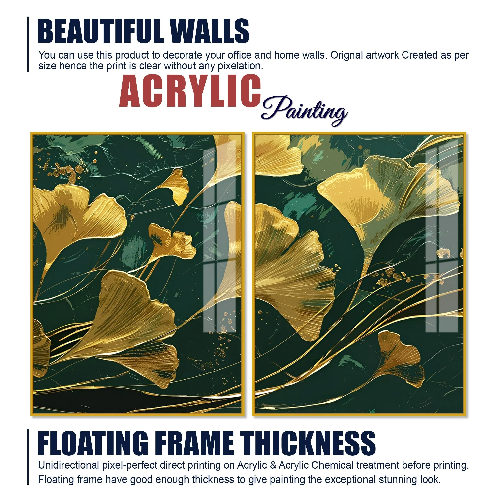 Golden Ginkgo Biloba Leaves Drawn Acrylic Floating Wall Painting Set Of 2 - Image 6